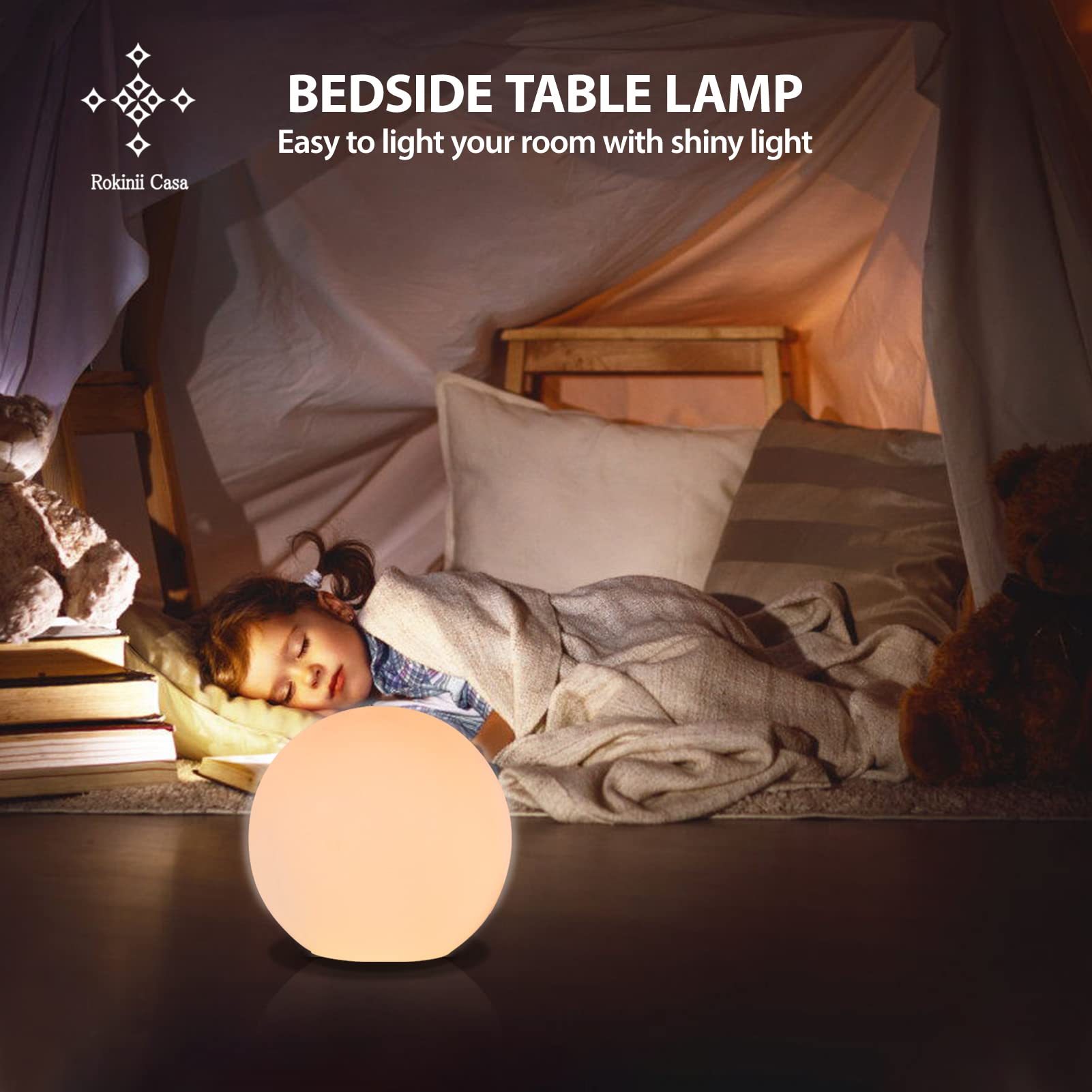 Rokinii Casa Ball Table Lamp - 7.8 Inch Glass Shade, Opal White for Bedroom, Office & Bookshelf Reading Decoration