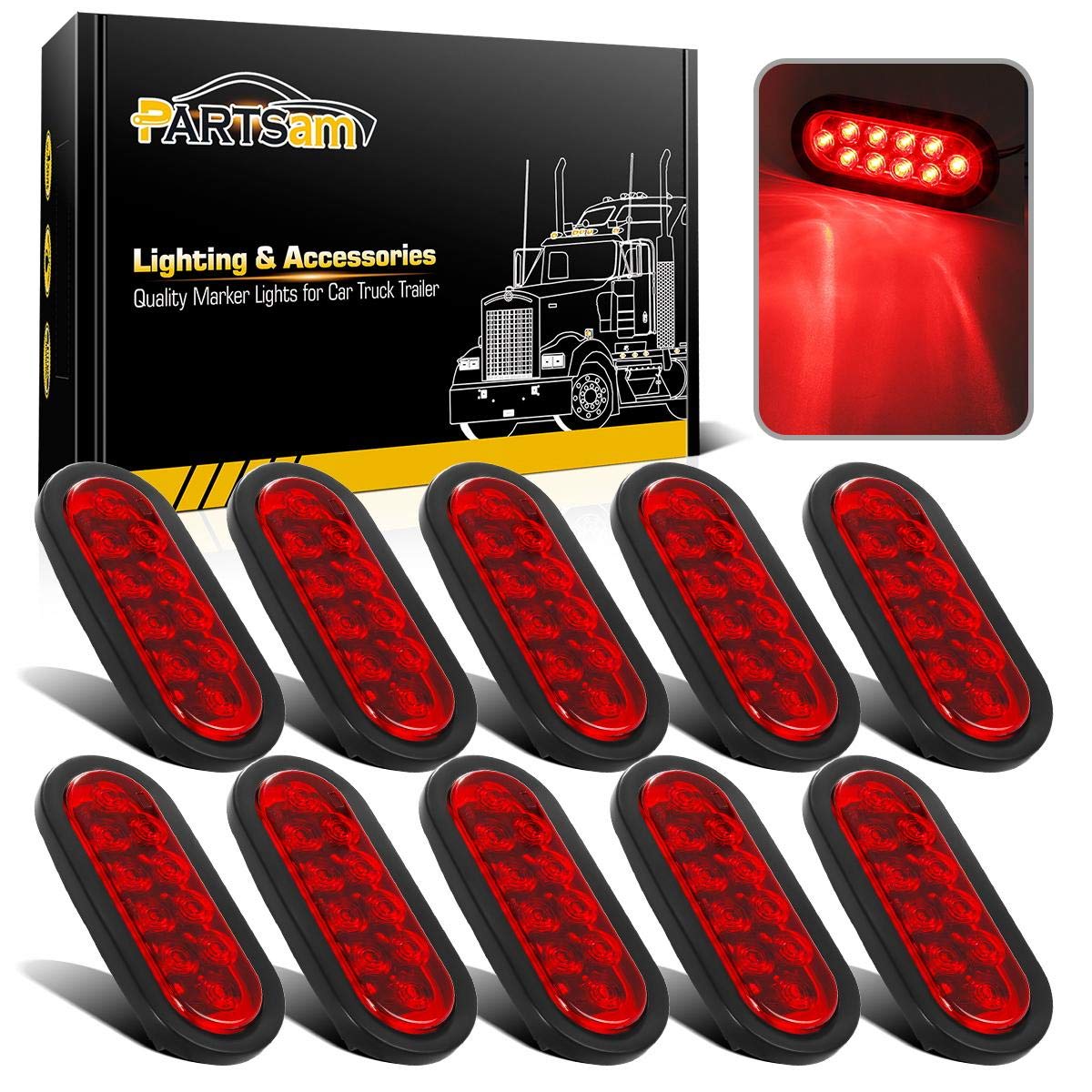 Partsam 10Pcs 6 Inch Oval Led Trailer Tail Lights Red 10 Diodes Grommet and Plug Waterproof Turn Stop Tail Brake Trailer Lights Replacement for RV Trucks  DOT Compliant