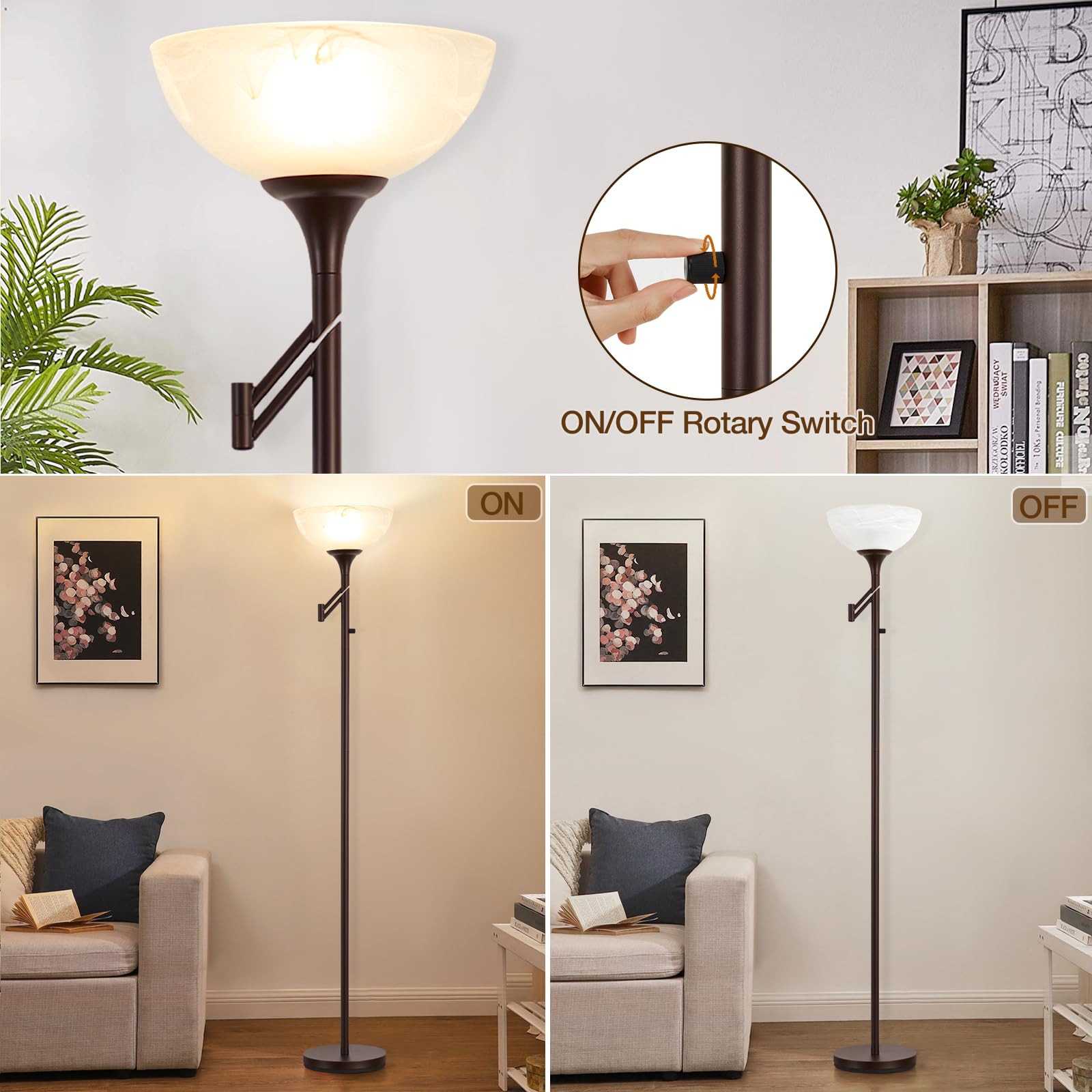 EJIAXIN 70" Bronze Floor Lamp with Glass Shade, Adjustable Swing Arm, Vintage Design for Living Room, Bedroom, Office - Bulbs Included