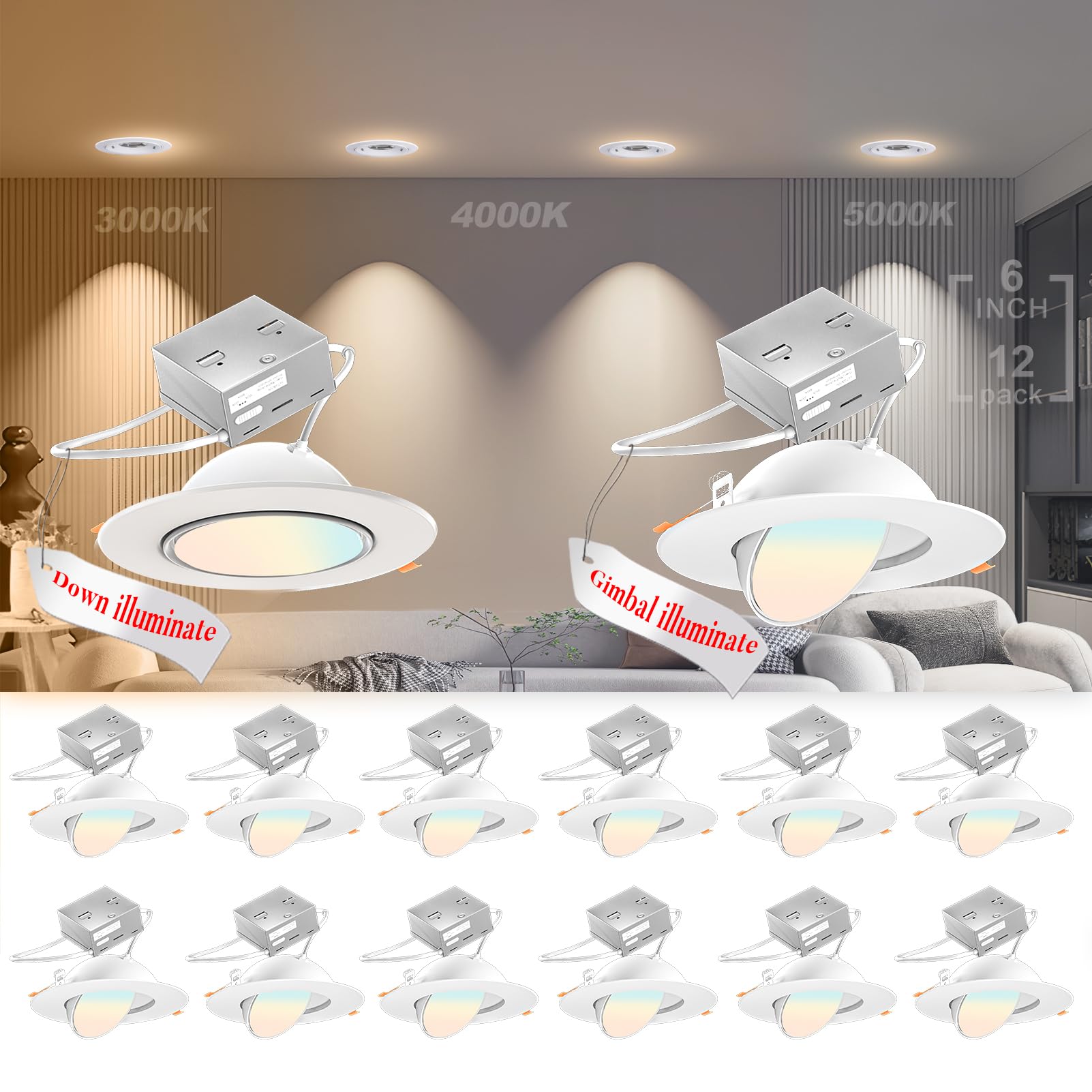 Lightdot 12 Pack 6 Inch Led Gimbal Recessed Lighting  360+90 Adjustable  3Cct Selectable & Dimmable (5%-100%)  1300Lm Ultra Bright Canless Downlight  Etl/Fcc Certified For Living Room/Kitchen-White