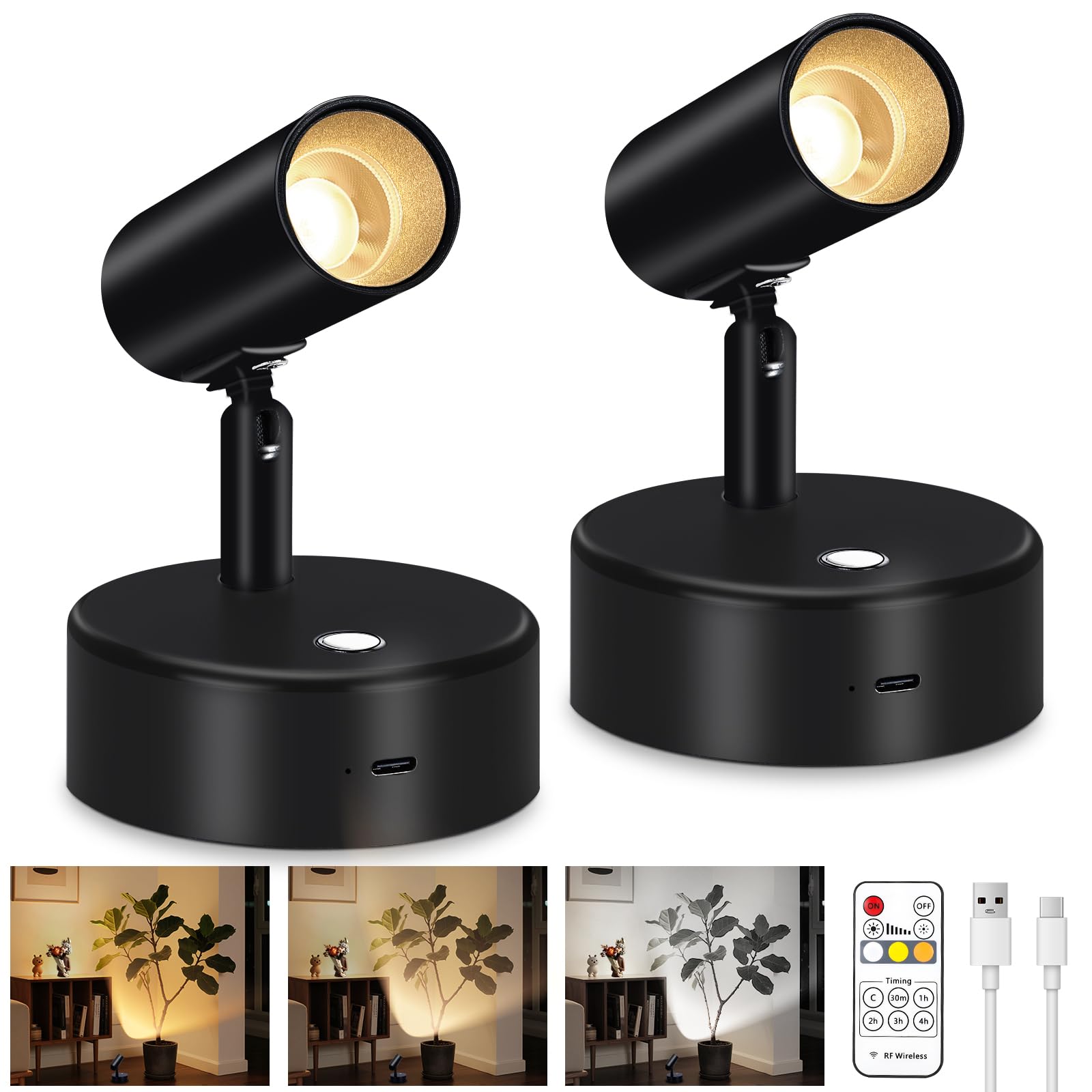 Lightess Spot Lights Indoor 6000Mah Wireless Uplights Indoor Plant Rechargeable Lights With Remote And 3 Color Temperature  Magnetic Spotlights For discomfort-reducingting  Accent Lighting  2 Pack Black