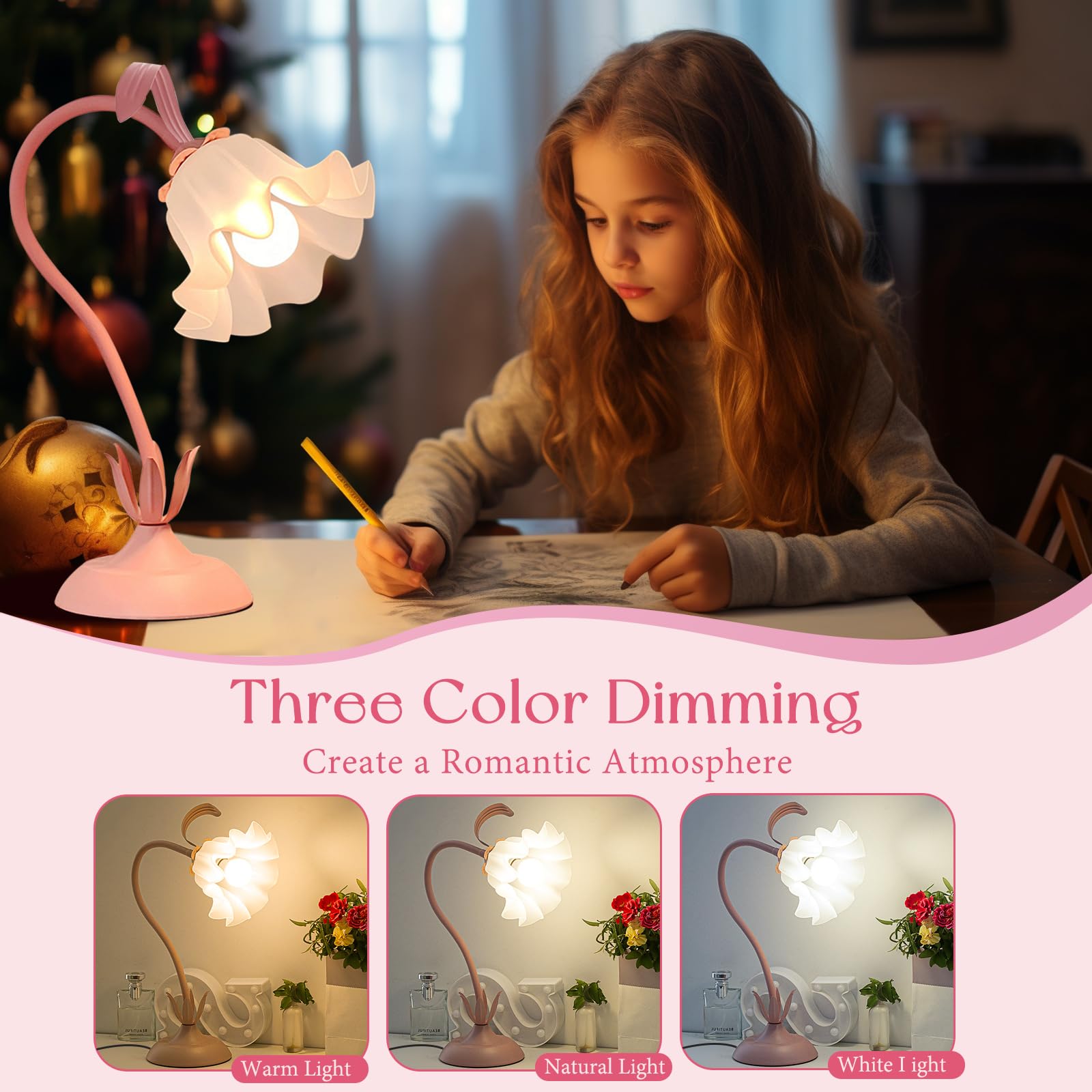 Cute Flower Desk Lamp, Bedside Vintage Flower Lamp With Led Bulb, 3 Colors Temperature Flower Lamp For Bedroom Living Room Desk