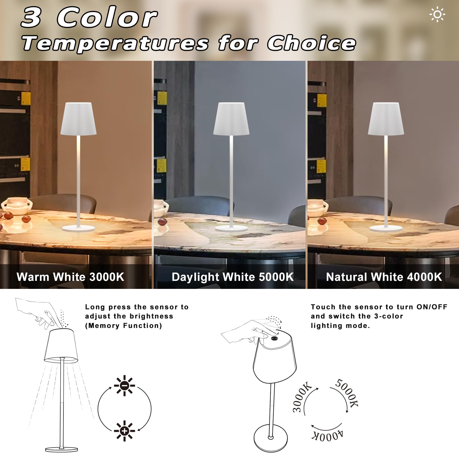 Kakanuo Cordless Table Lamp, Battery Operated Lamp, Portable Led Desk Lamp, Wireless Rechargeable Lamp, 3 Color Stepless Small T