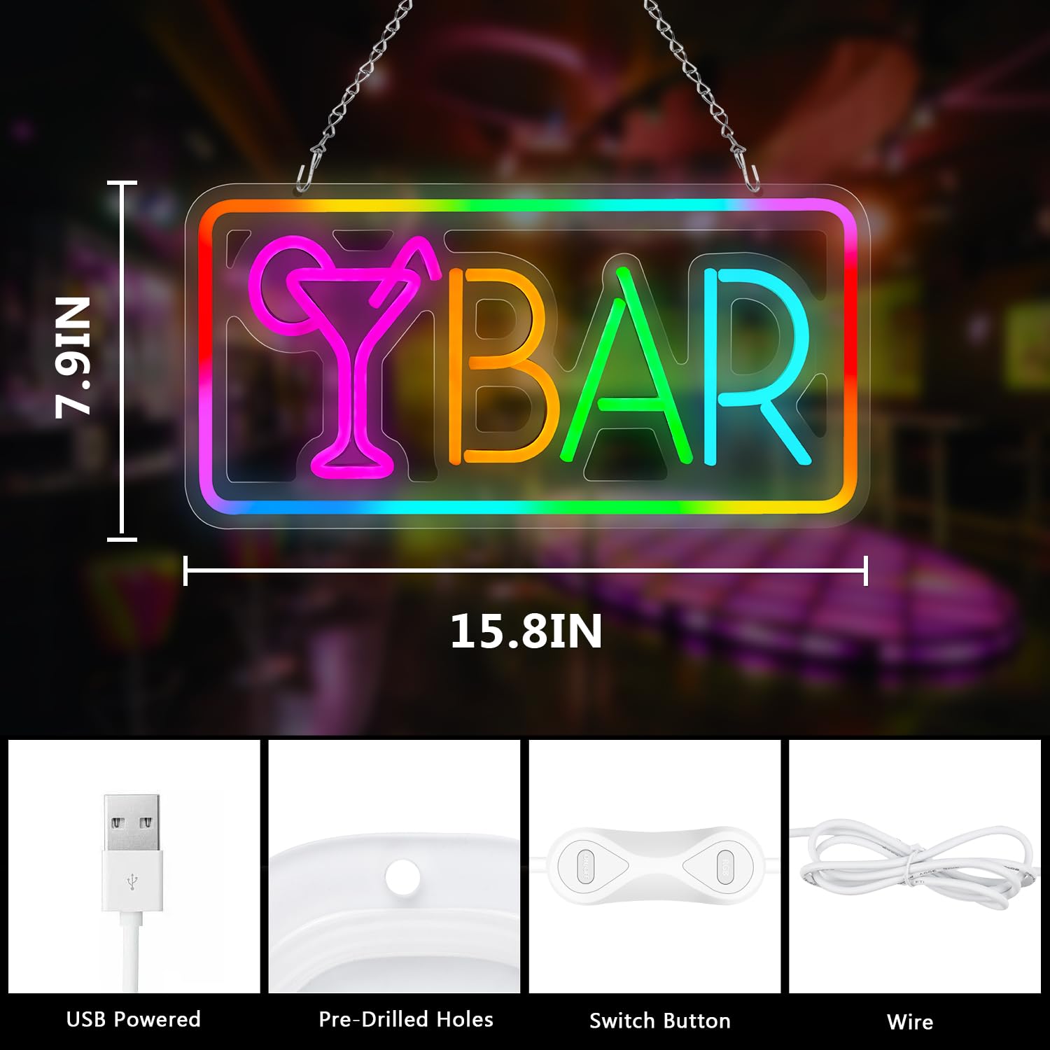 Qusea LED Neon Sign for Wall Decor, Acrylic, USB Powered, 16x8 inches, Bar