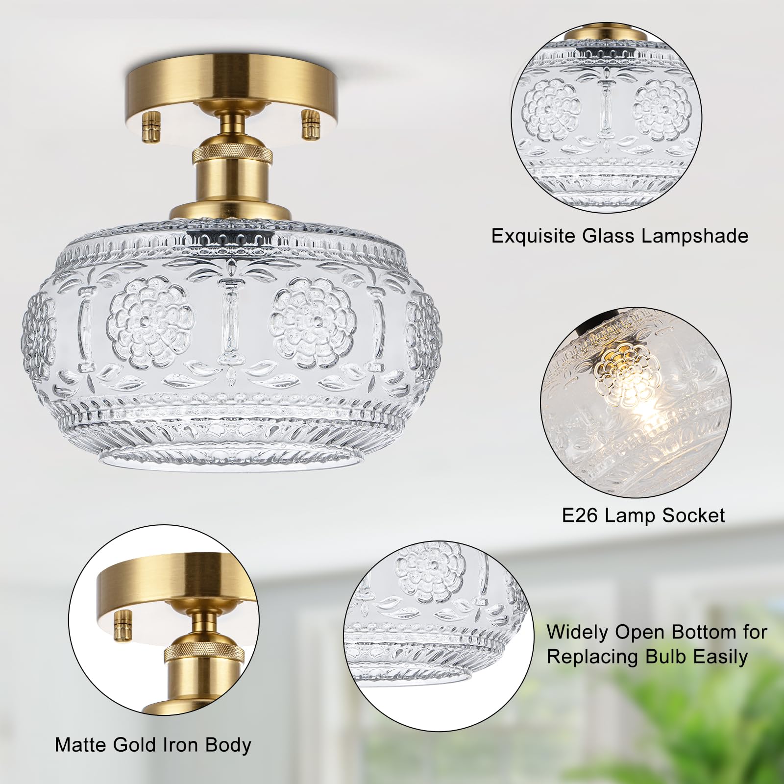 Tbaoinla Semi Flush Mount Ceiling Light Fixture - Brass & Floral Glass Shade  Vintage Modern Lighting For Entryway  Bathroom  Kitchen  Bedroom (Bulb Not Included)