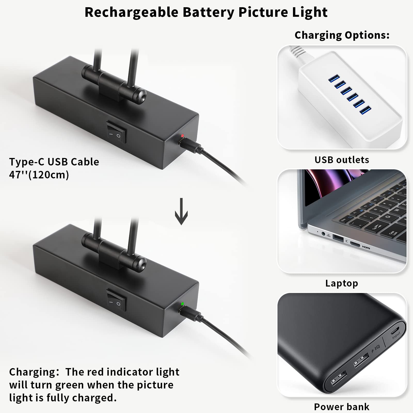 Jusheng 16'' Dimmable Battery Operated Picture Light - Black Metal Art Display With Timer