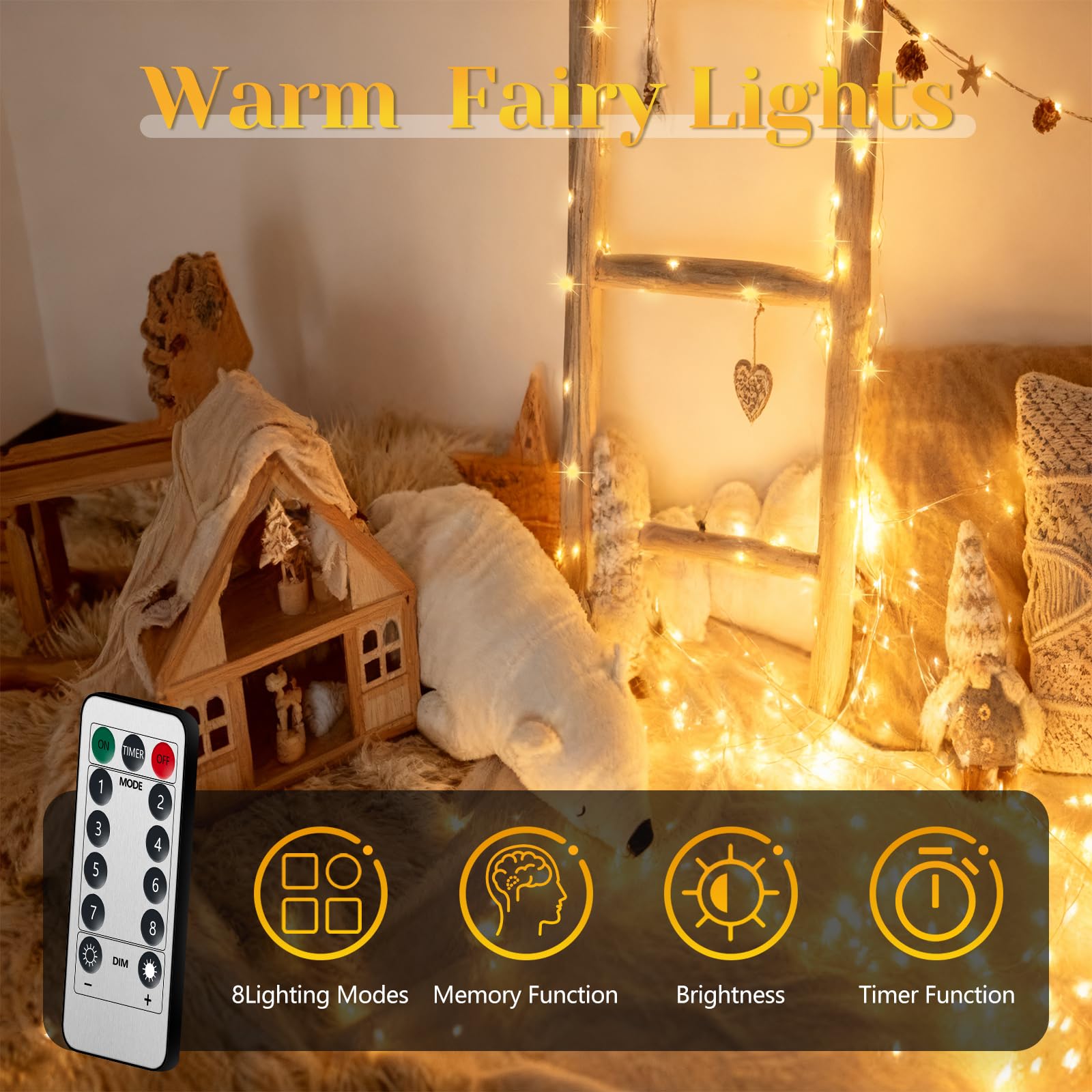 Flechllary 200 LED Fairy Lights, Battery Operated, Waterproof, 67Ft, Warm White, 8 Modes, Model LZZK-IR21-13-01