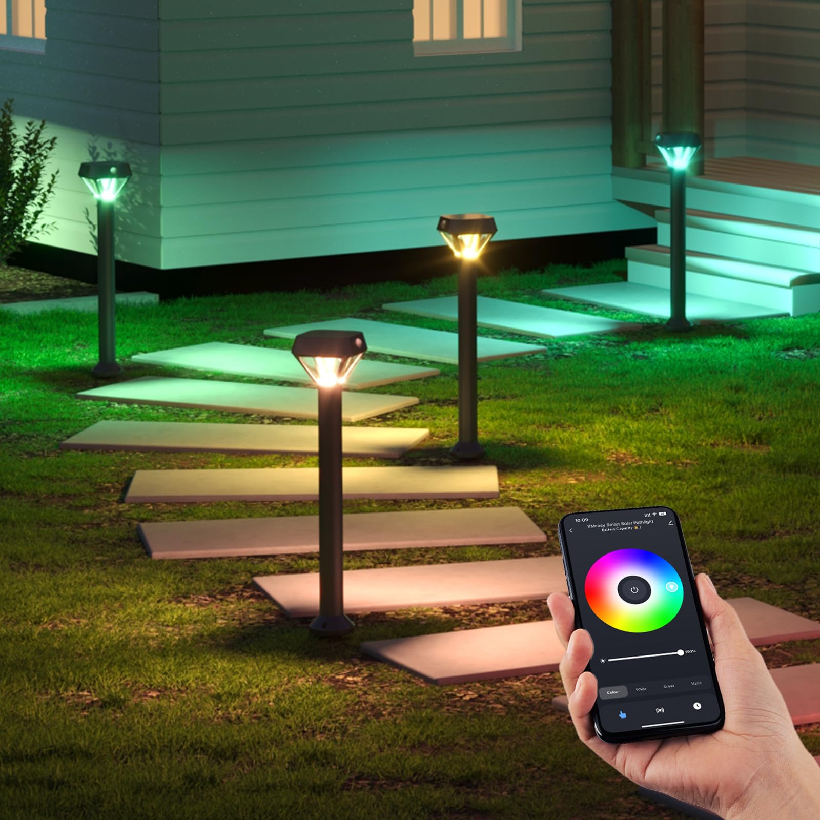 XMCOSY+ Smart Solar Pathway Lights, Bluetooth APP Control with Motion Sensor, 150LM RGBCW Color Changing Landscape Lighting for 