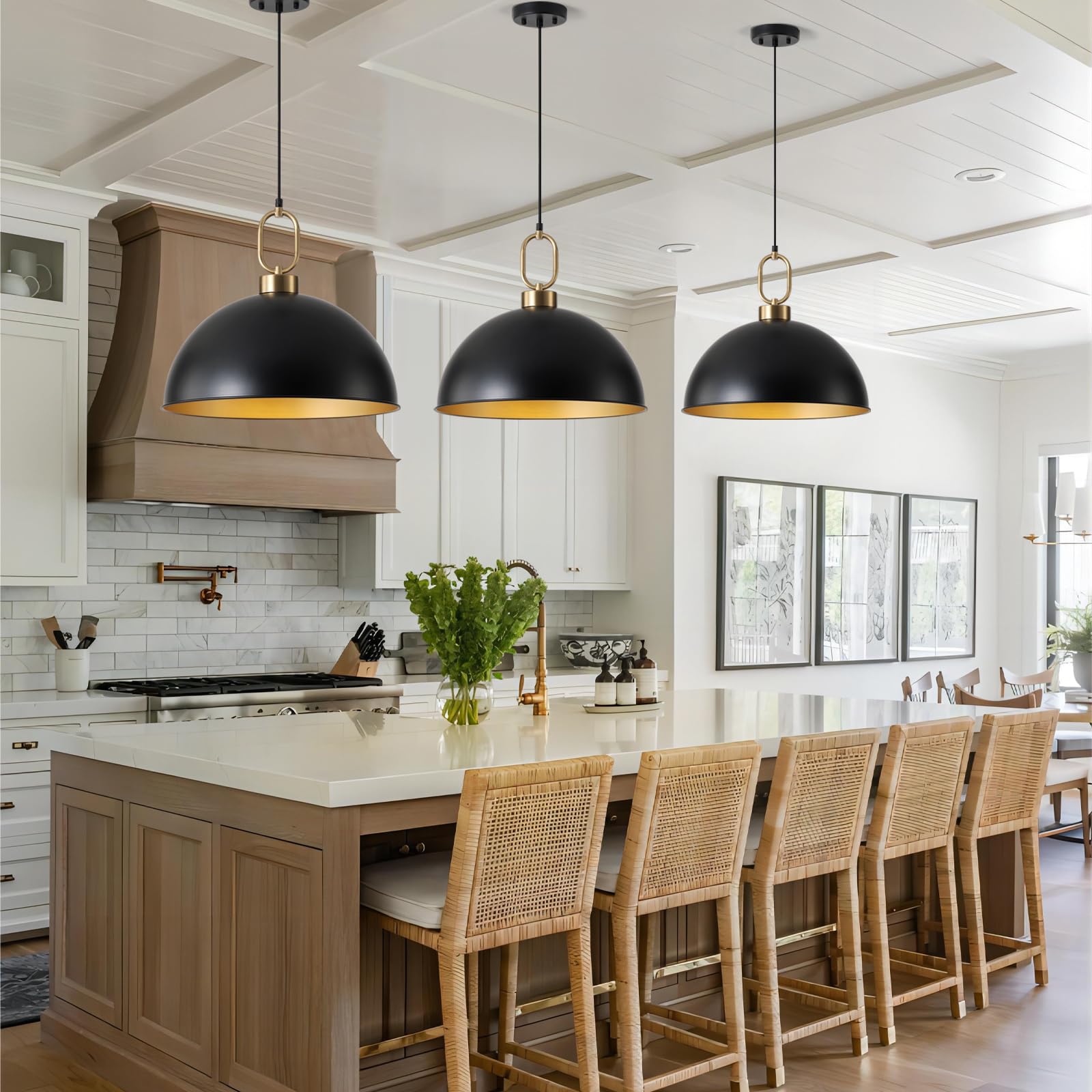 Farmhouse Pendant Light Fixture 1 Pack, Space Saving Industrial 18.1 Inch Hanging Light, Matte Black With Gold Handle, Adjustabl