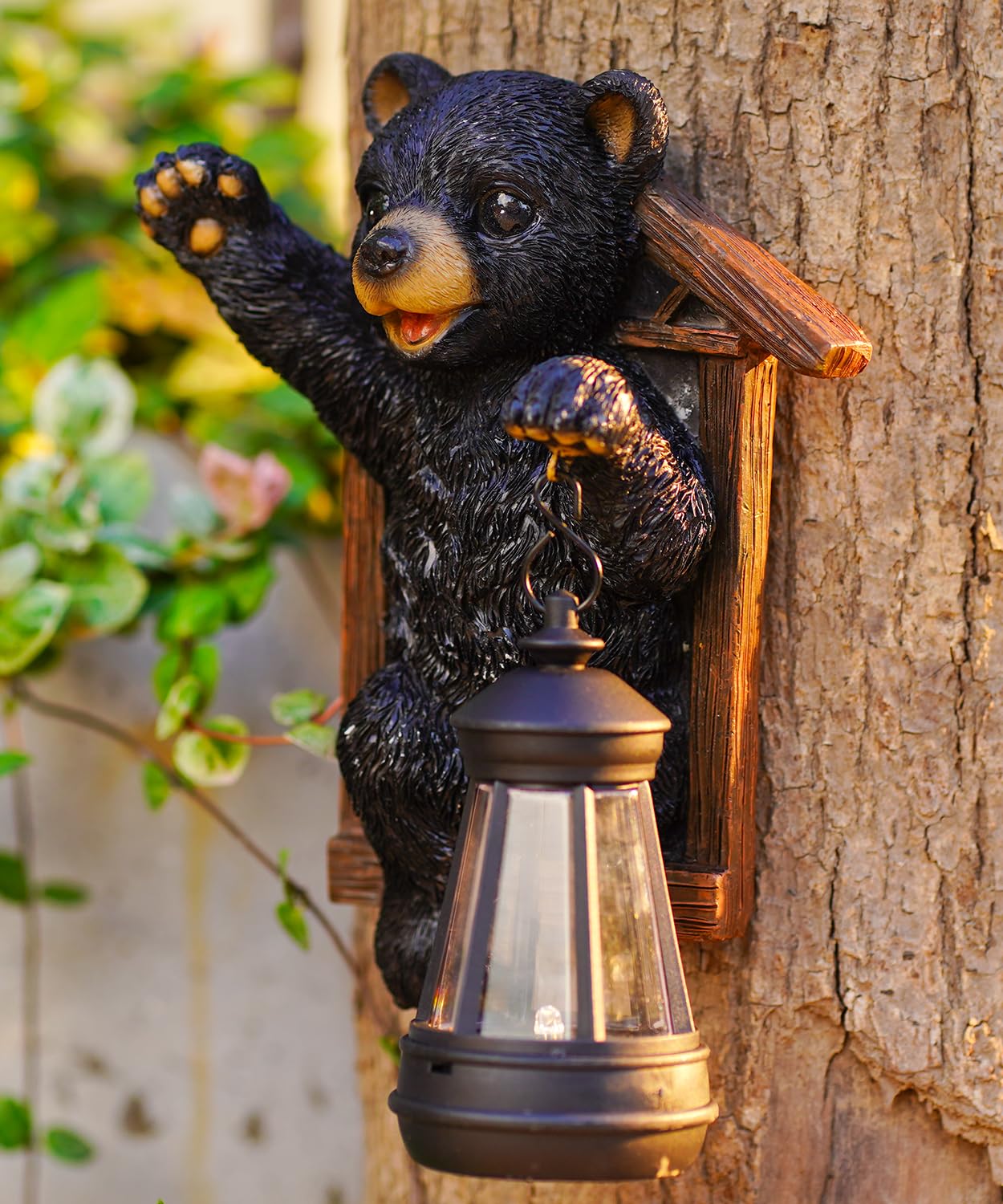 Black Bear Decor with Solar Lantern Tree Hugger - 7 Inch Bear Statue Outdoor Garden Yard Decor,Best Bear Garden Gifts for Mom,Wo