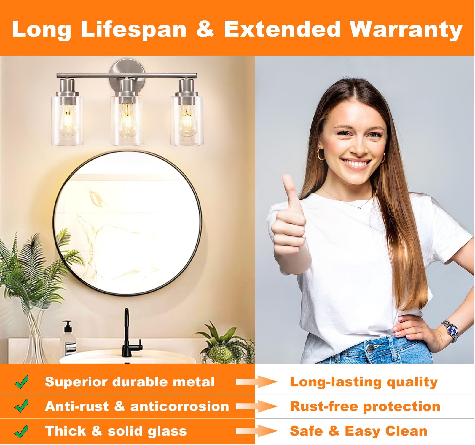DINGLILIGHTING 3-Light Bathroom Light Fixtures - Brushed Nickel Metal - Clear Glass Shade - 2 Packs