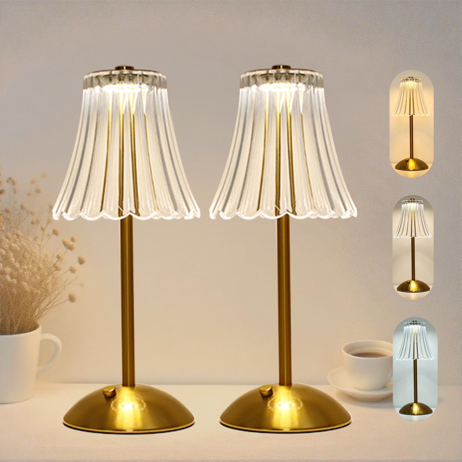 LCZYUYU Crystal Table Lamp  5000mAh Rechargeable Lamp with Touch Control  3 Color Temperatures  Dimmable Brightness  Matte Aluminum Light for Bedroom/Bar/Kitchen/Outdoor (Retro Golden  Large-2Pc)