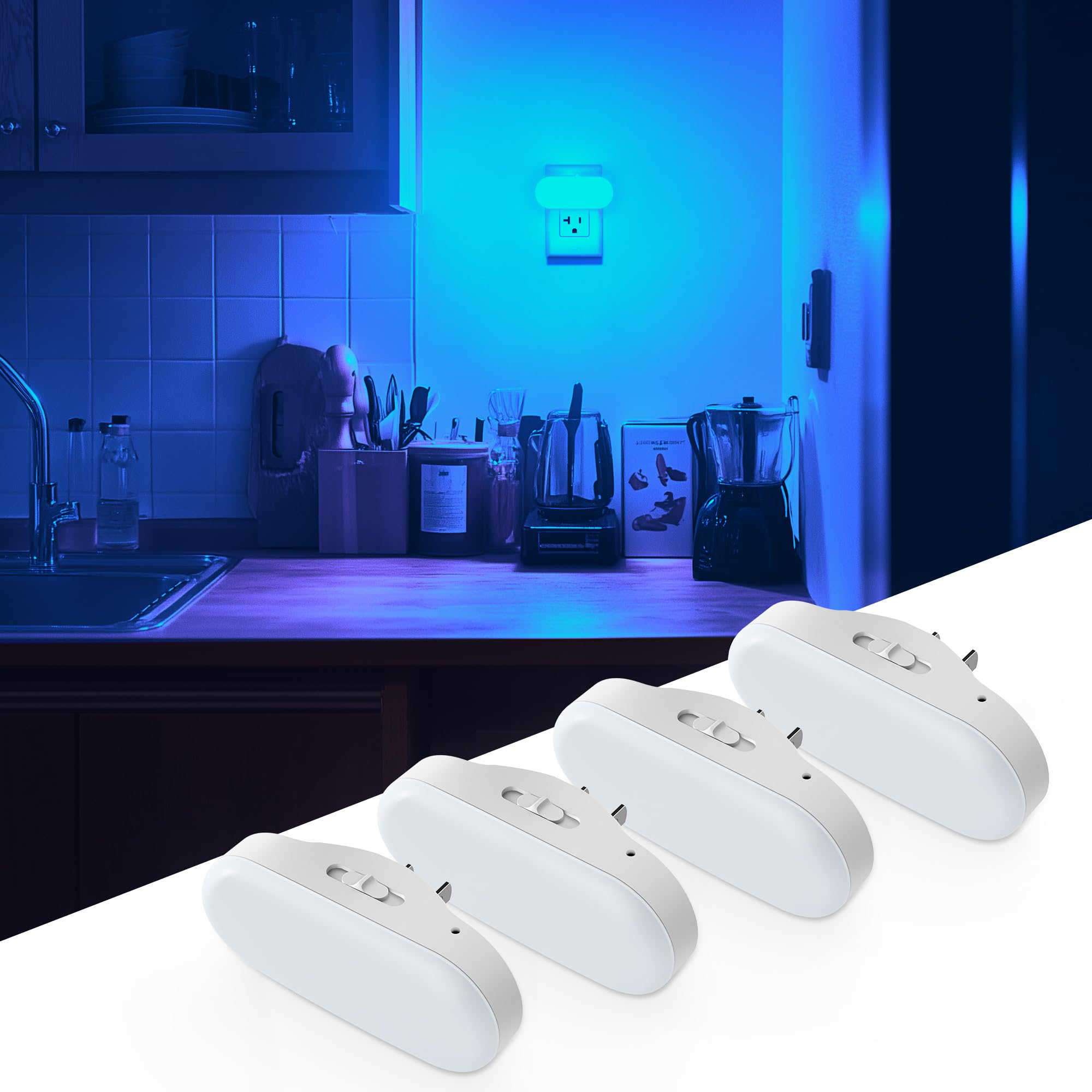 DORESshop Blue Night Light, 1W LED, Dimmable, 4 Pack, Plug-in, Light Sensor, Model D-NL007BLDG-4
