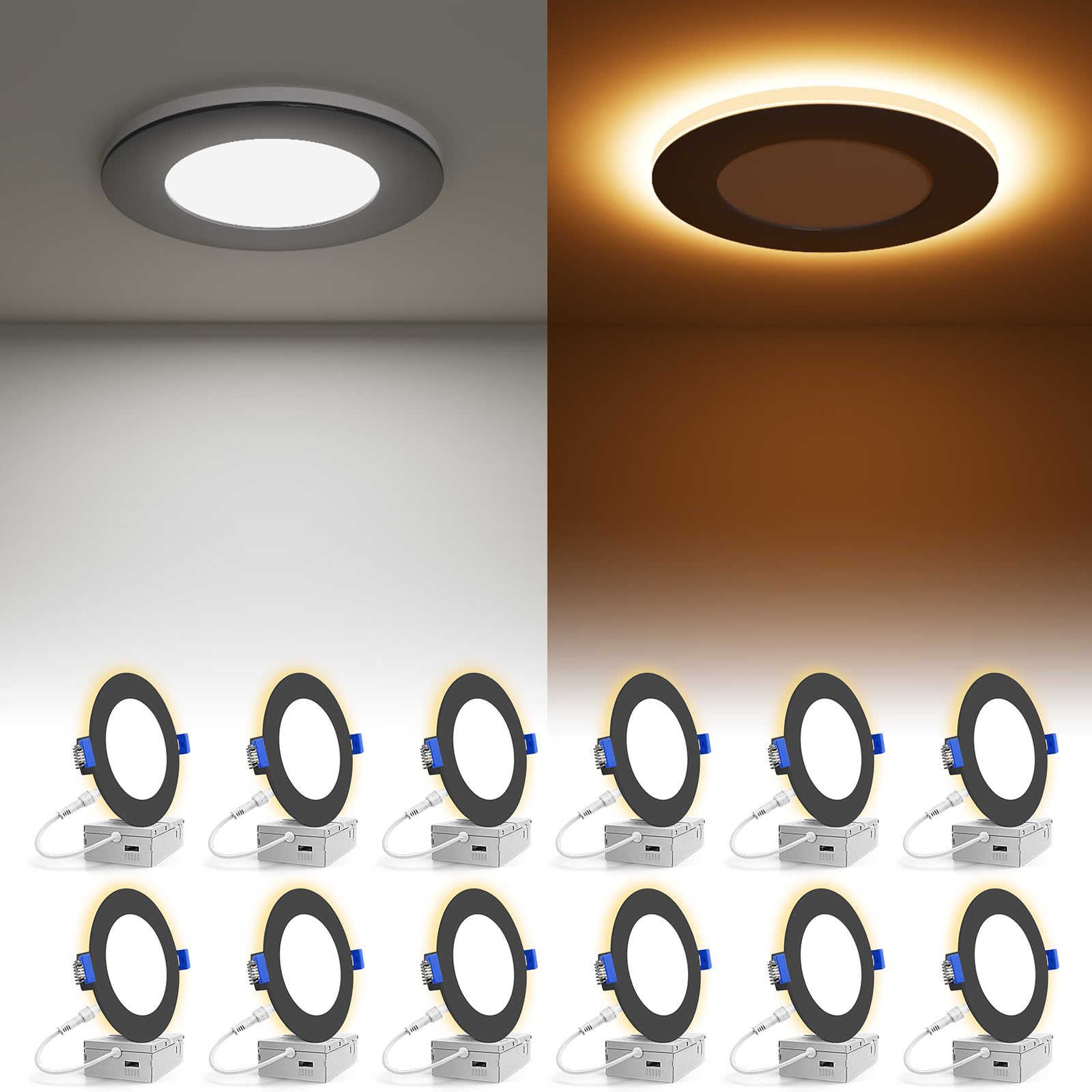VOLISUN 12 Pack 4 Inch Black Recessed Light with Night Light, Canless LED Recessed Lighting 4 inch, 2700K-5000K Selectable, 9.5W
