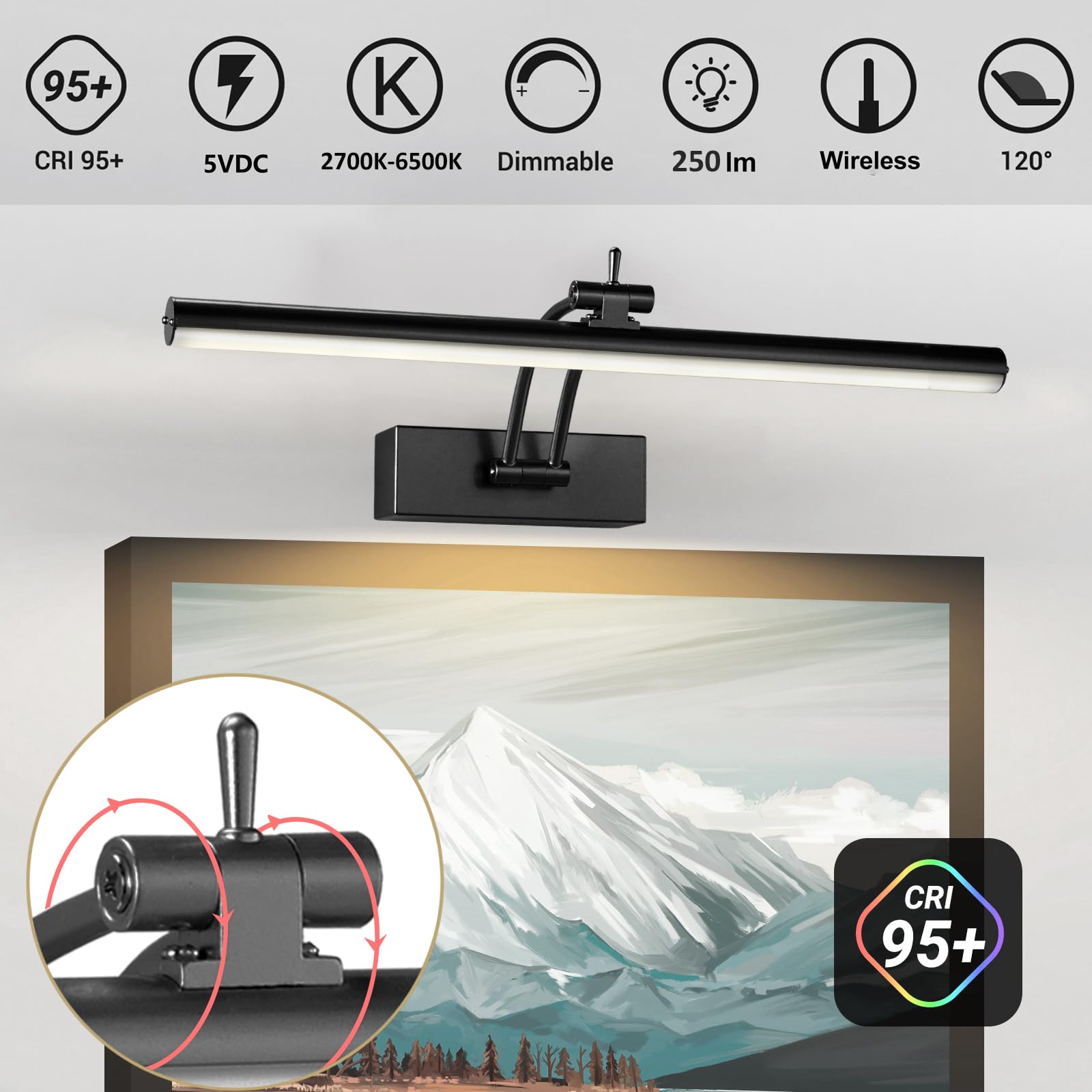 Yuichoy 12" Battery Operated Picture Lights, Dimmable Wireless Art Lighting, Black, Model Yun12-ZH-2HS, 4200mAh, Remote Control