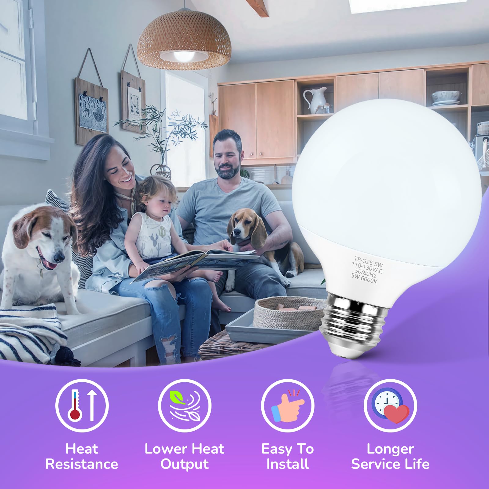 Maxvolador G25 Led Globe Light Bulb 60W Equivalent, Cool White 6000K E26 Vanity Round Bulbs For Bathroom Makeup Mirror, Non-Dimm