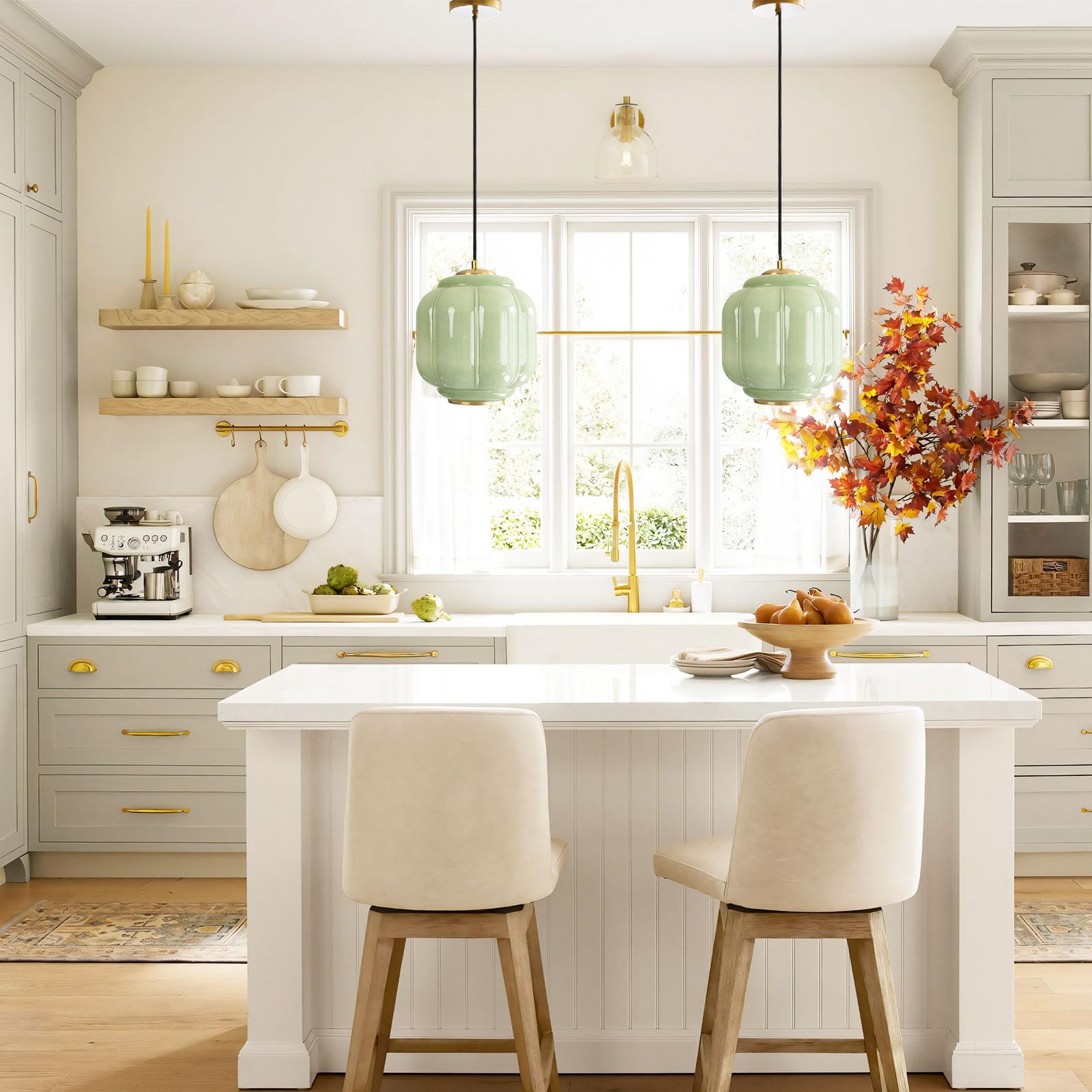 Yesids Vintage Milk Glass Pendant Lights Kitchen  Brass Color Glass Ceiling Light Fixture  Retro Industrial Pendant Lighting For Dining Room  Kitchen  Bedroom  Entryway  Hallway (Green And Gold  7In)