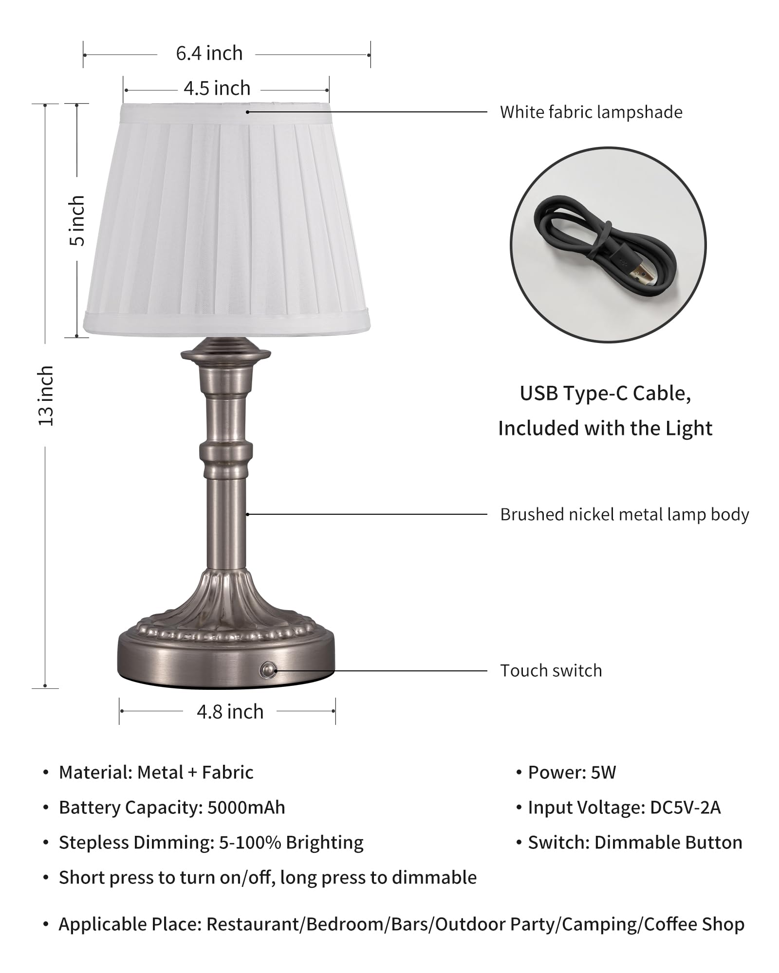 Kdg Cordless Portables Table Lamp Set Of 2, Led Fabric Shade Small Desk Lamps, 5000Mah Battery Powered Lighting, 2700K Stepless Dimmable Light For Living Room, Dining Room, Bedroom, Bedside (Nickel)