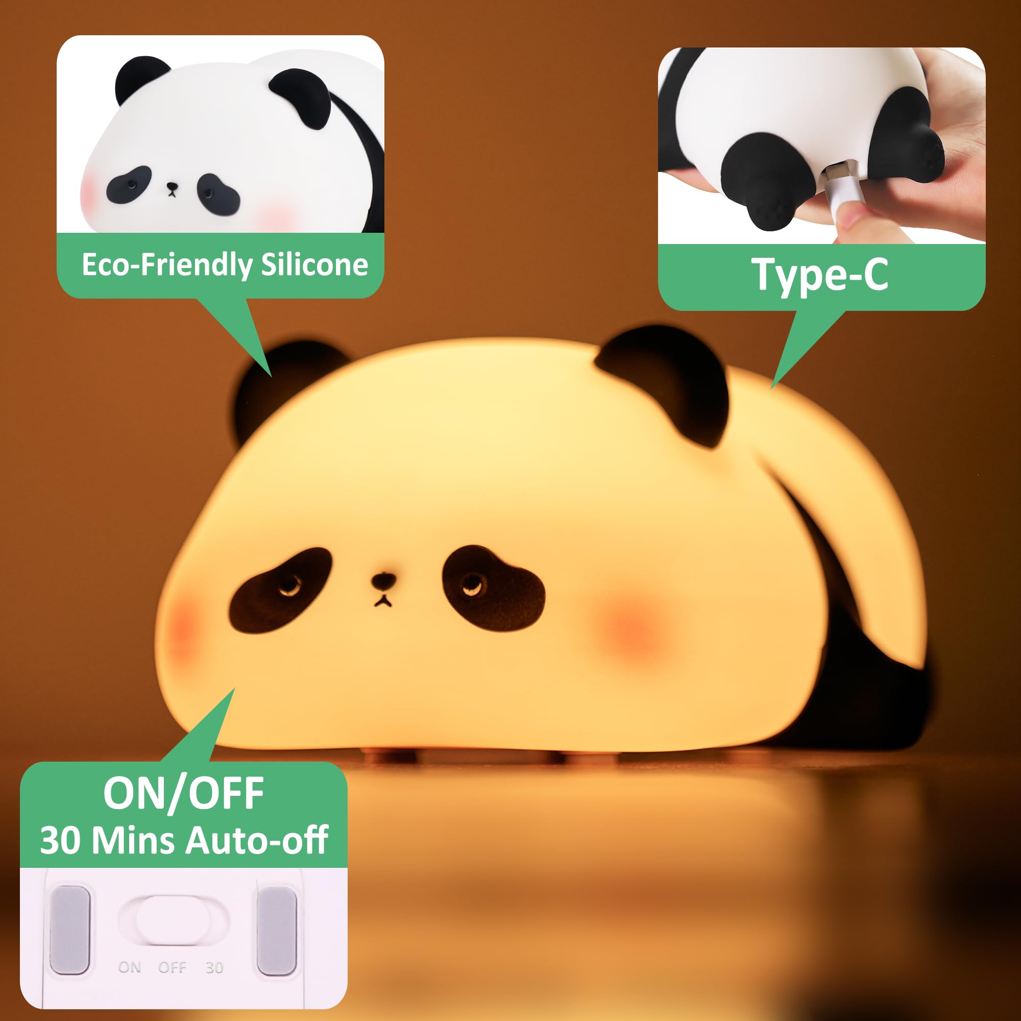 Attivolife Panda Night Light - Cute Silicone Touch Lamp, Rechargeable LED, Dim Timer, Model FS-2810-9999, Perfect for Bedroom Decor