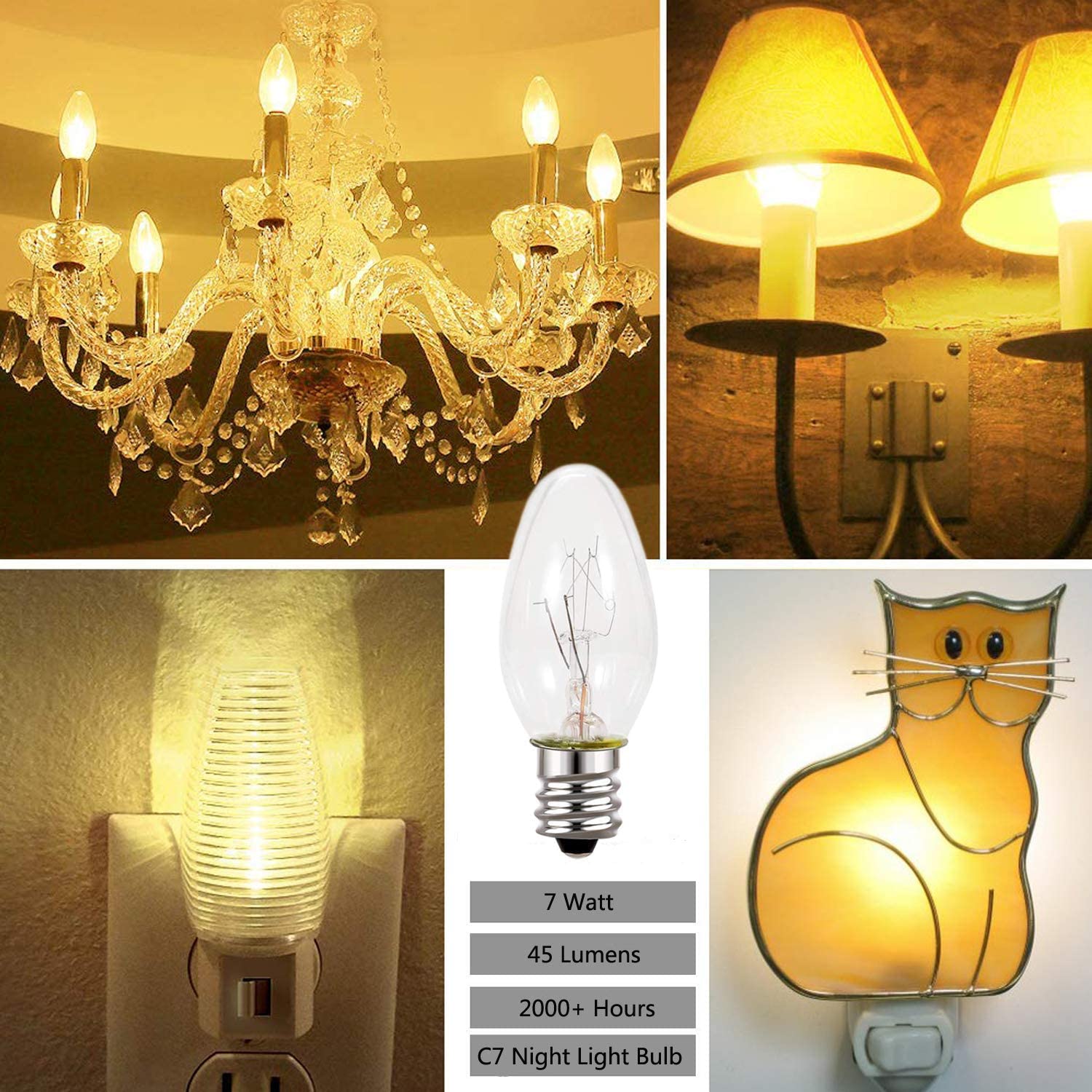 9-Pack,7 Watt Salt Lamps And Night Light Replacement Bulbs, Crystal Clear Glass,C7/7 Watt/120 V/45 Lumen,E12 Candelabra Base Long Life Bulbs