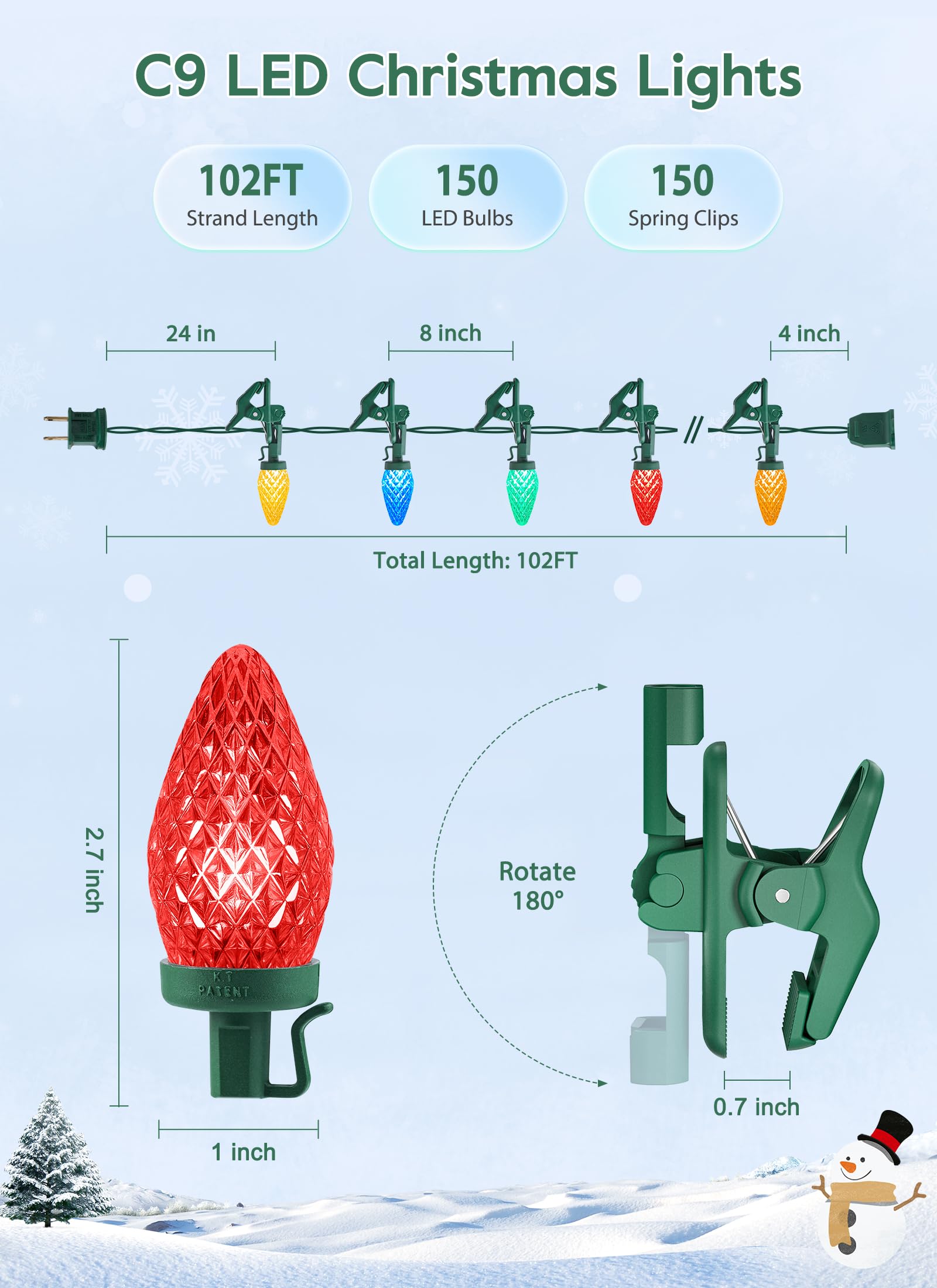 Brightown C9 LED Christmas Lights, 150 Multicolor Waterproof String Lights, 99 Feet, Model GY-C9-X-33-3B, Includes 150 Clips