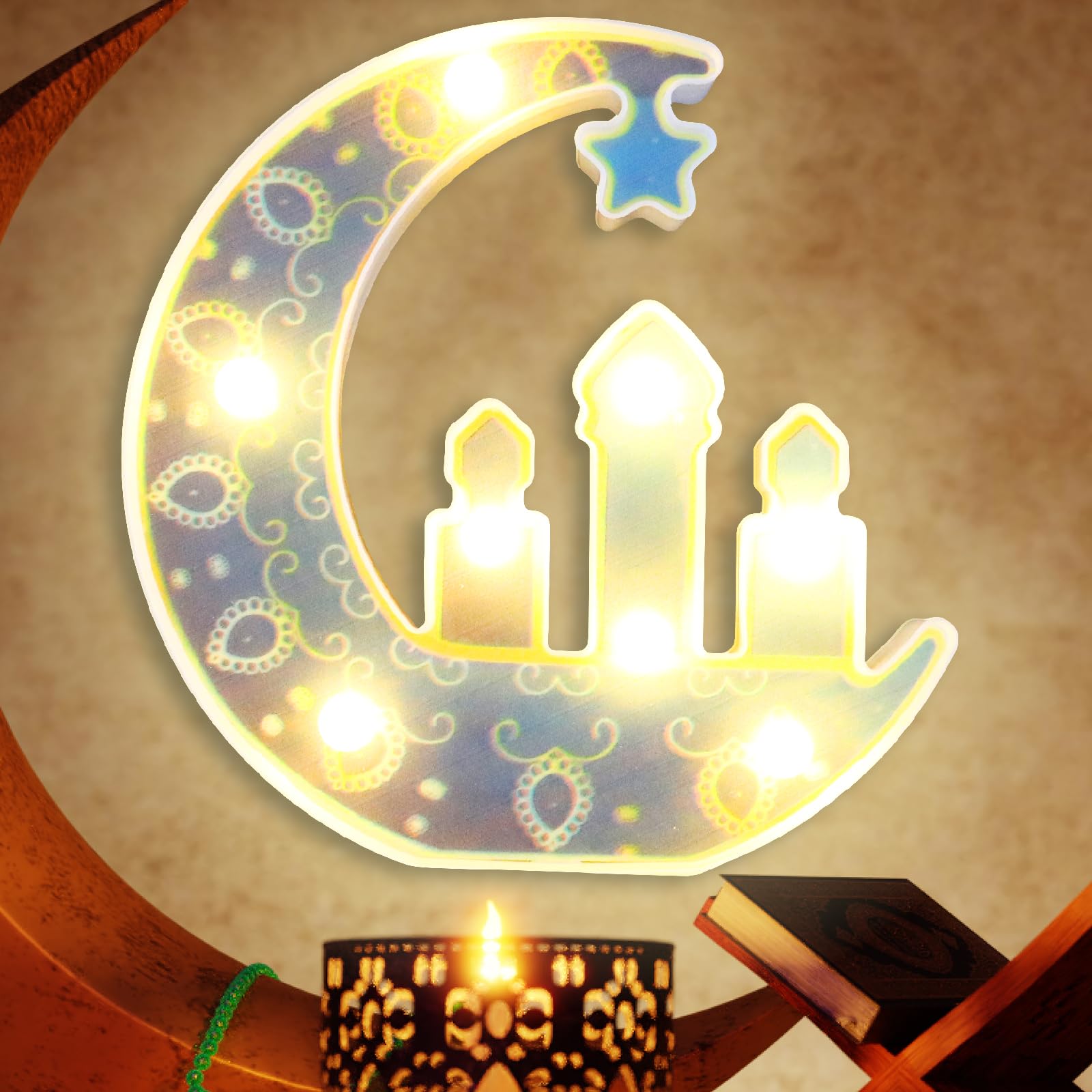 YAOZHOU Ramadan Eid Decorations for Home Lights, Warm White Lamp, Moon, Castle Window Desk LED Lights, Mosque Eid Mubarak Battery Operated Hanging Lights, Decor for Eid Al- Fitr,Gift for Kids(C)