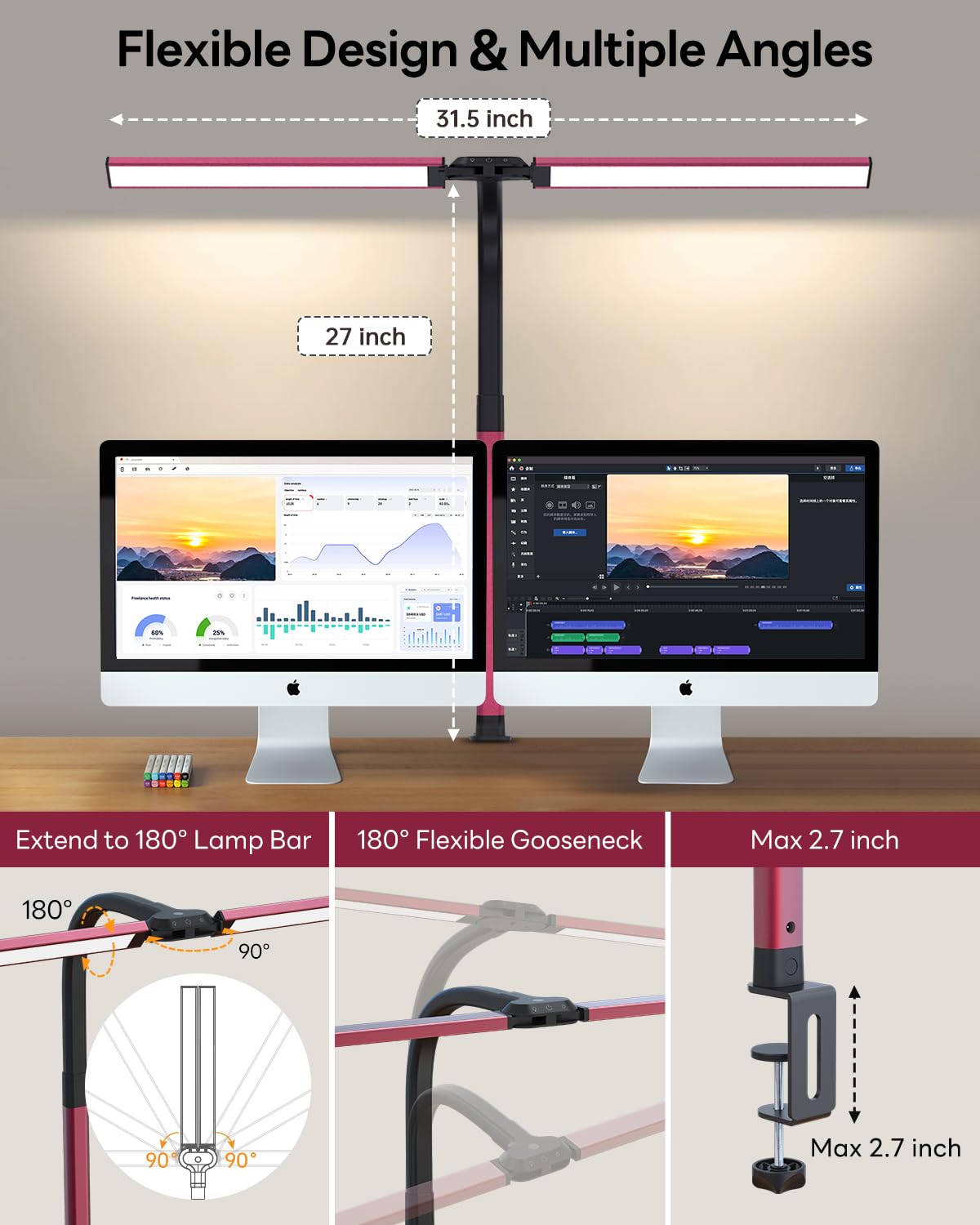 SUNLINKCO LED Desk Lamp - 24W Stepless Dimming, Eye-Caring, Red, Clamp, Remote Control, Flexible Gooseneck for Home Office & Study