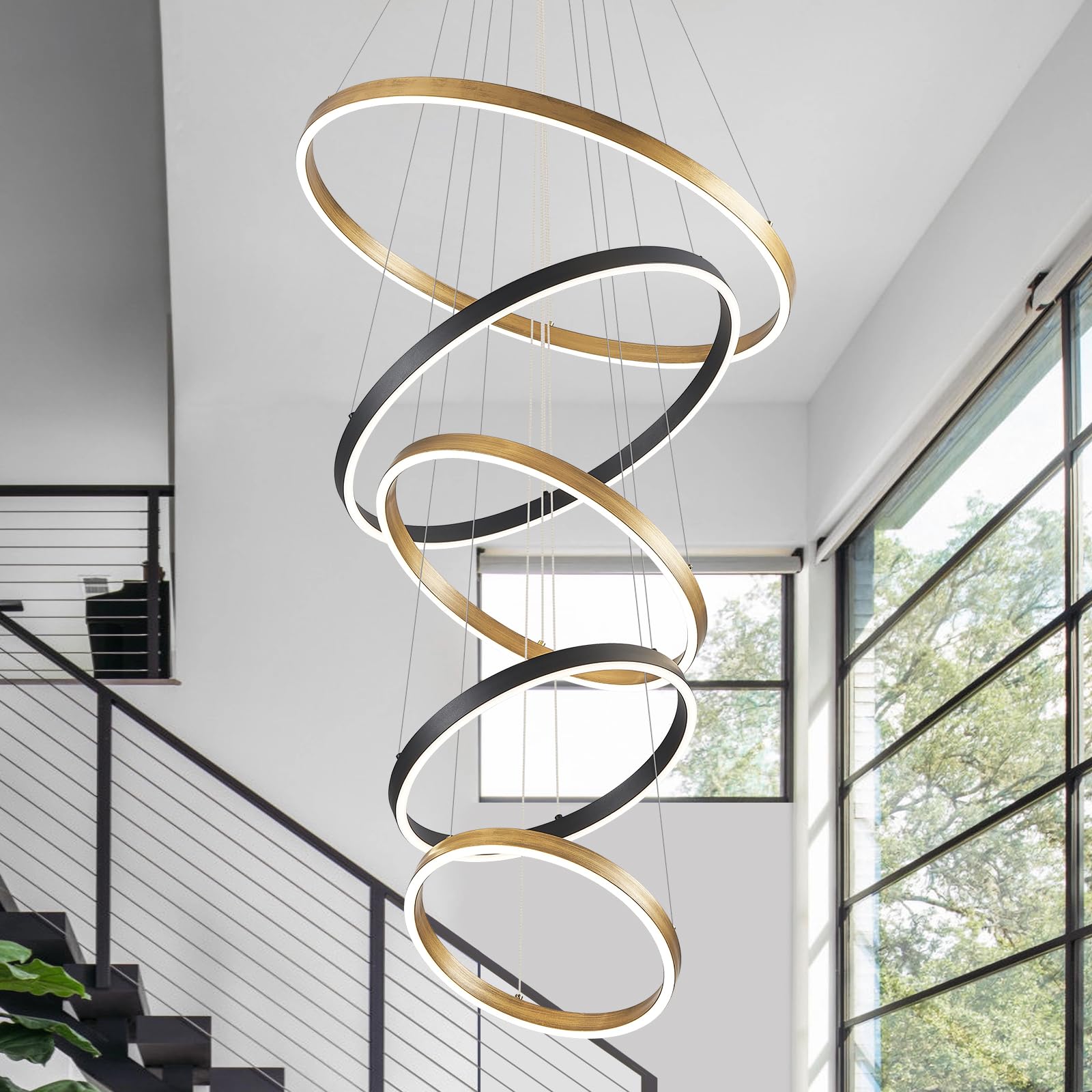 CaraLuxe LED 5-Ring Chandelier, Modern Vintage Gold, Remote Control, 24in Size, Metal, Black Gold, Model 21