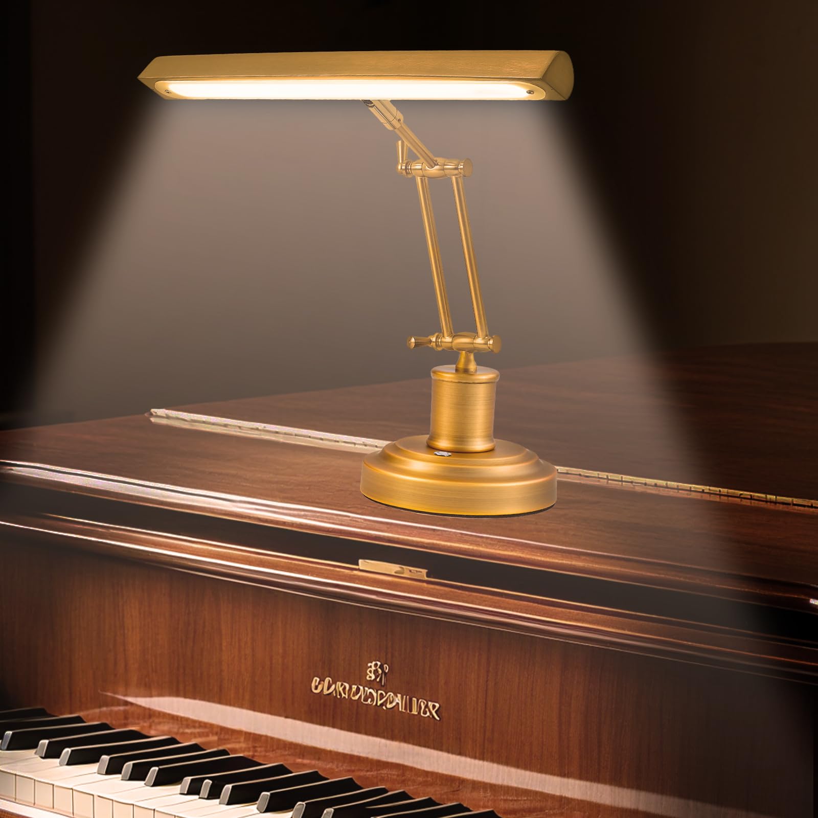 eccuslon Brass Piano Lamp with 3-Way Touch Control, Vintage Gold LED Music Light for Grand/Upright Pianos, Stepless Dimming, 95+