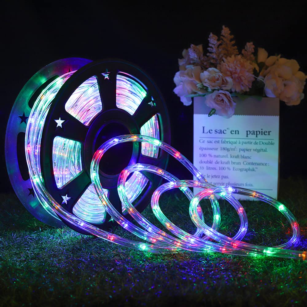 DINGFU 50ft LED Waterproof Rope Lights, Multicolor, PVC Tube and Copper Wire, Indoor Outdoor Use