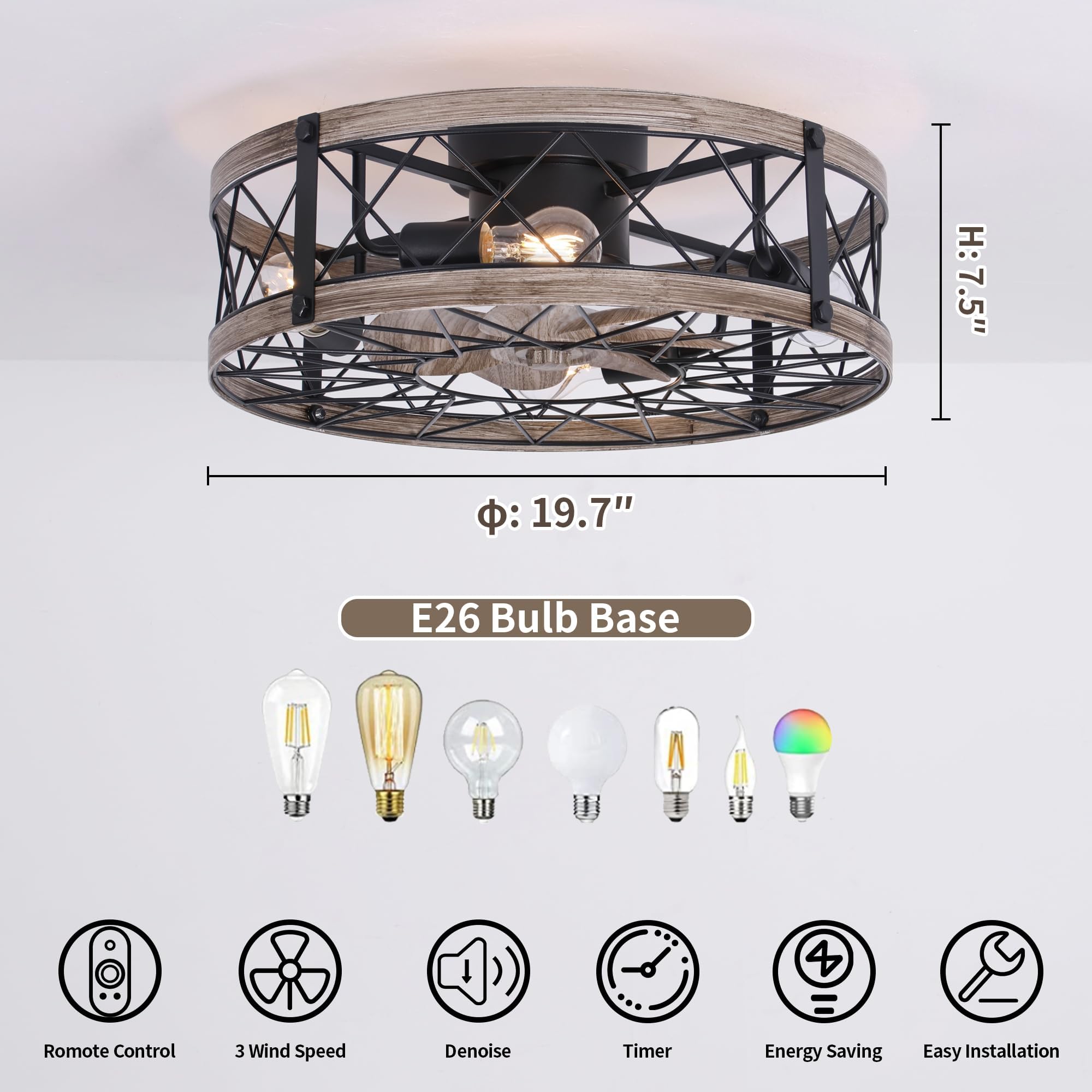 Redstar Retro-White Small Ceiling-Fan With Light Remote Control, Low Profile Ceiling Fan With Light, Ceiling Fans With Lights Fl