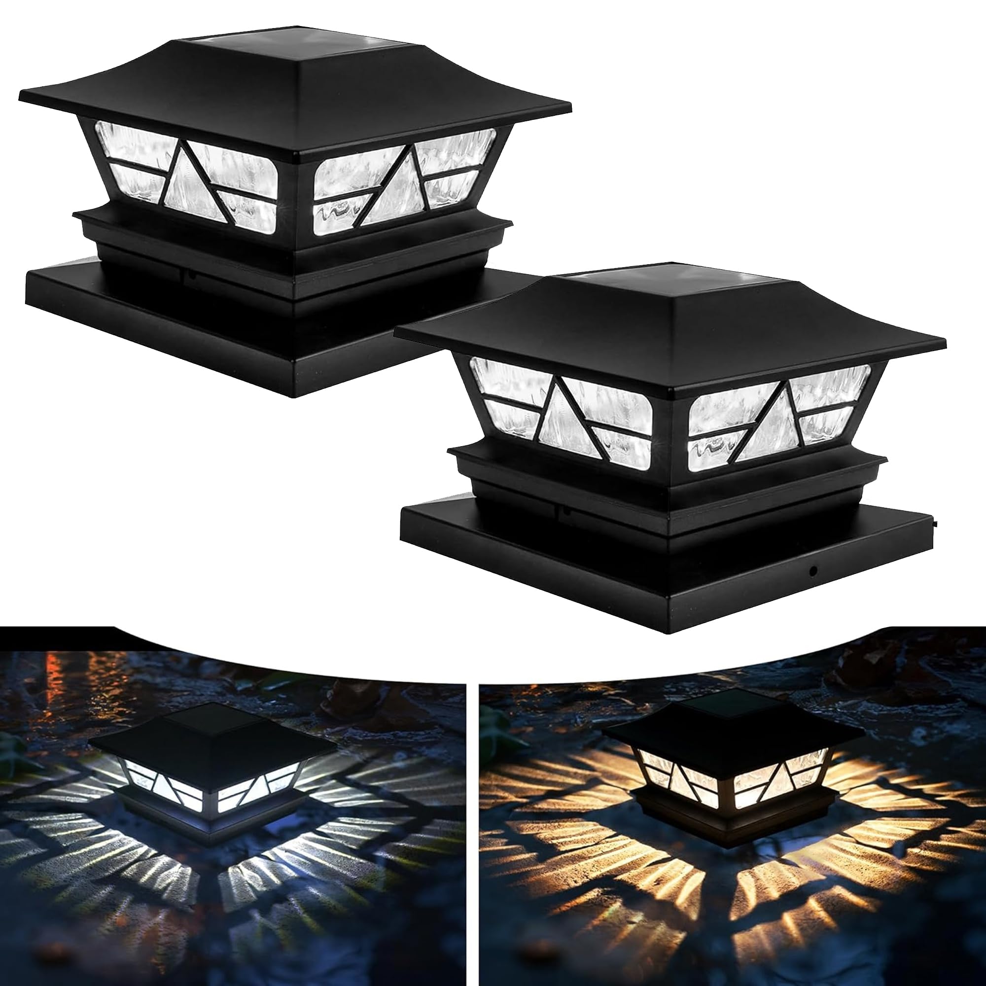 TW SHINE 2 Pack Solar Outdoor Fence Post Lights, 2 Modes Post Cap Lights Waterproof Color Changing Warm White/Cool White for Yar