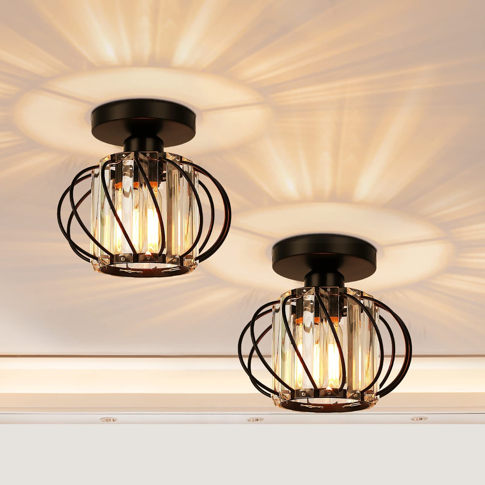 FRIDEKO HOME 2-Pack Semi Flush Mount Ceiling Light - Small Crystal Chandelier Hallway Black Metal Cage Modern Light Fixture for Entryway Bedroom Porch Kitchen