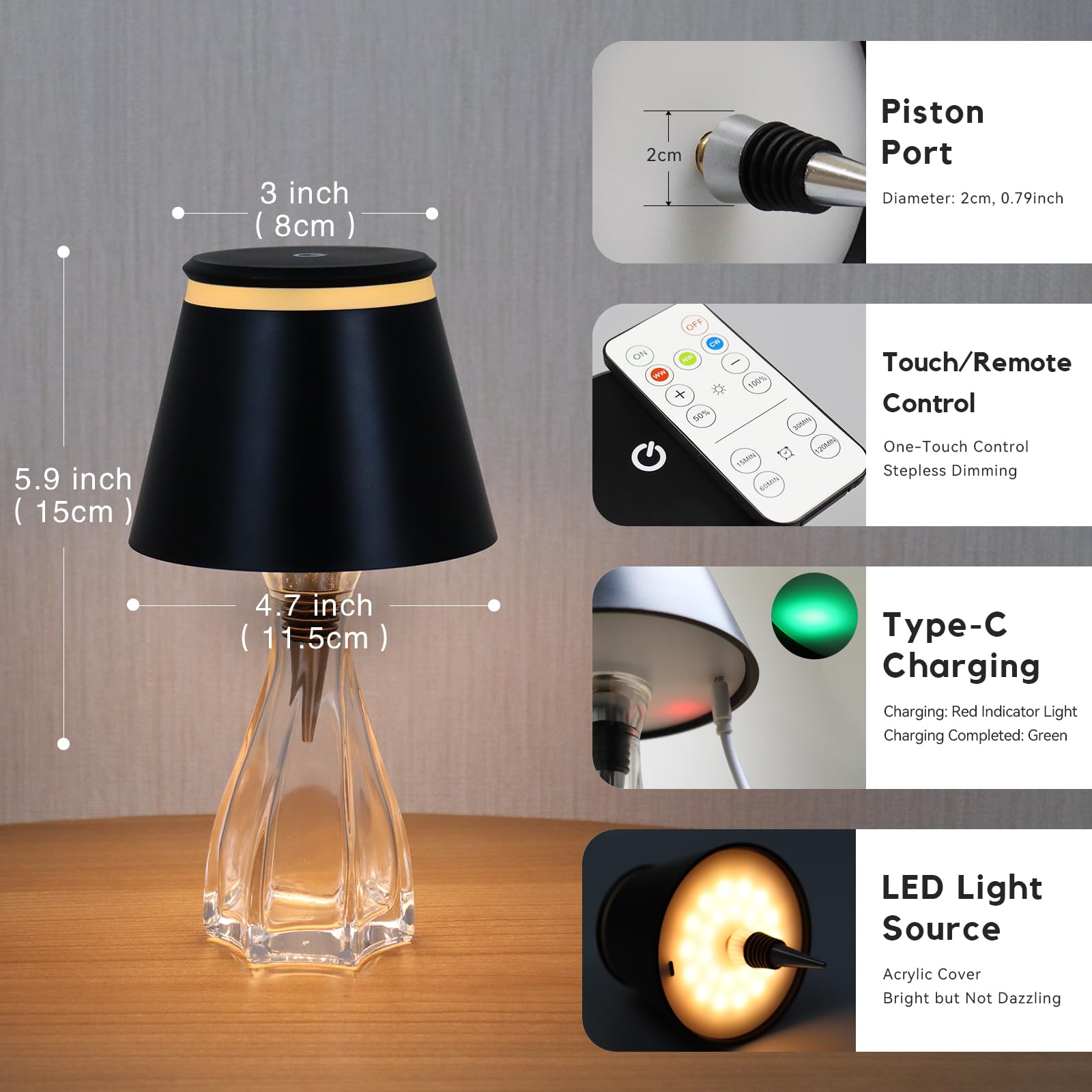 Yupola Wireless Bottle Lamp With Remote,Cordless Lamp Shade Dimmable For Wine Bottles,Rechargeable Battery Operated Touch Contro