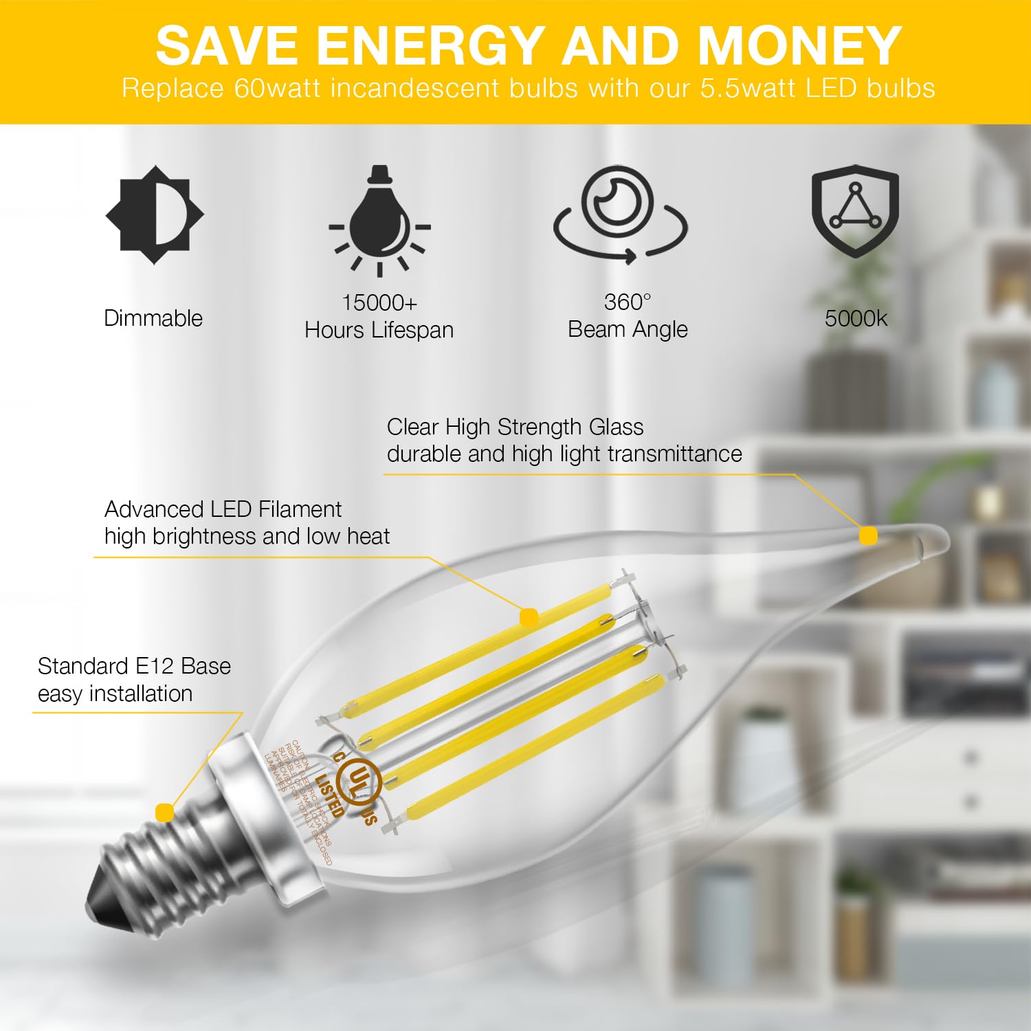 Daybetter Candelabra Led Light Bulbs, E12 Led Candelabra Bulbs 60 Watt Equivalent, Chandelier Light Bulbs Dimmable Led Bulb 5000K Daylight White, 5.5W 600Lm Flame Tip Ca11 Candle Light Bulbs, 10 Pack