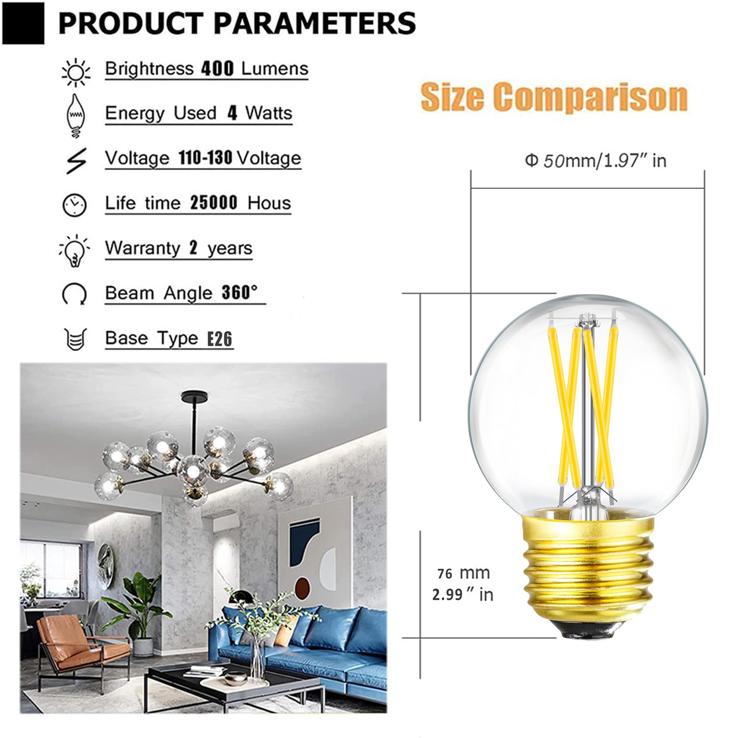 Leools Dimmable E26 Led Bulb 4W Equal E26 40 Watt Light Bulb,E26 Globe Edison Light Bulbs,Daylight 4000K G16.5 Light Bulb Led Fo