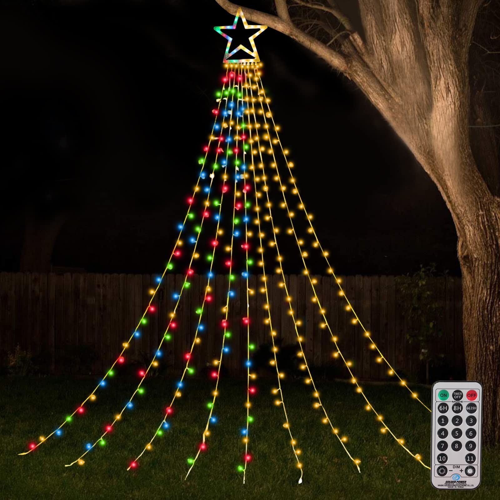 ZTX Christmas Decorations Outdoor Star Lights,11Ft Christmas Tree Toppers Lights, 8 Lighting Modes Waterfall Christma String Lig