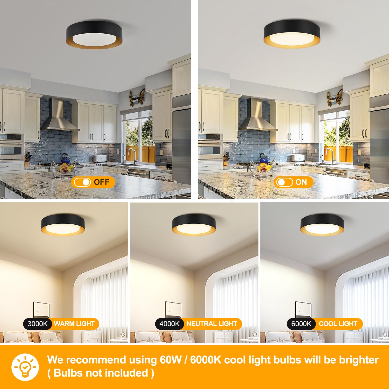 Goomavi Modern Flush Mount Ceiling Lights,Minimalist 16.5In Round Close To Ceiling Light Fixtures,Black And Gold Metal Ceiling L