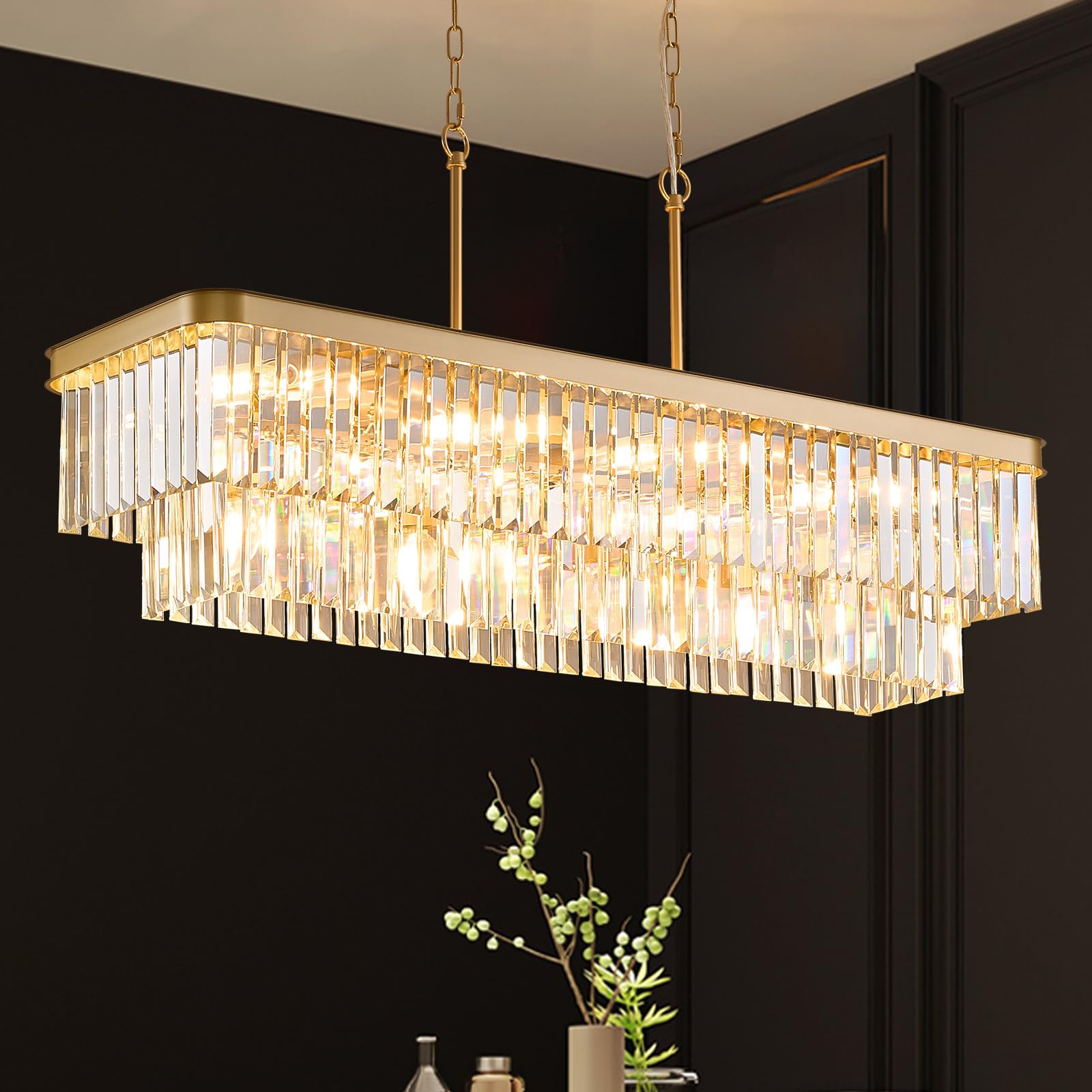 MERINEA Rectangle Crystal Chandelier L40  12 Lights Modern Gold Rectangular Long Chandeliers Elegant K9 Ceiling Pendant Light for Kitchen Island Dining Room Living Room Bar