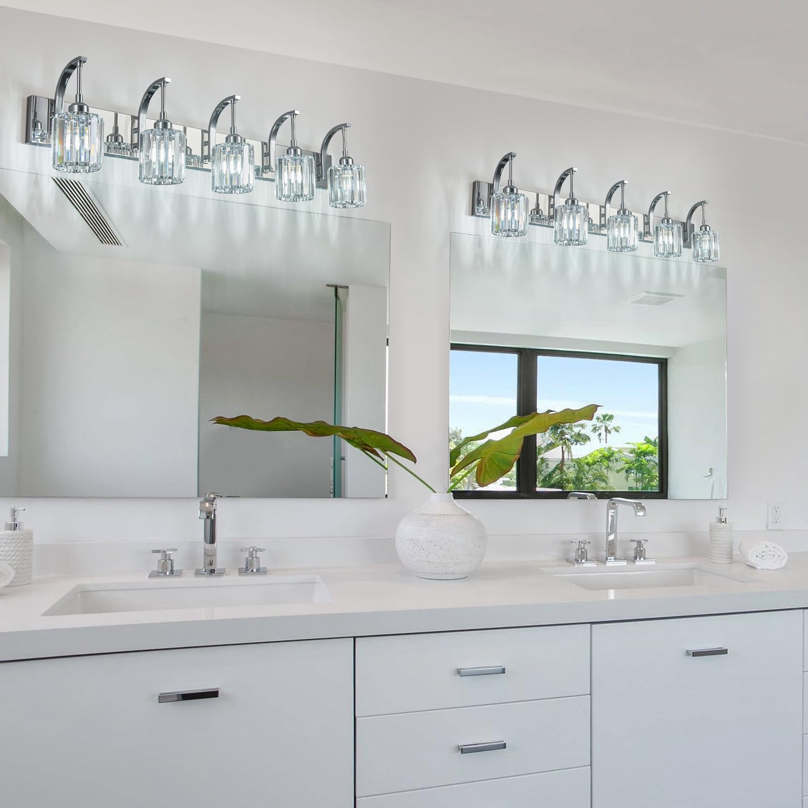 FDPBY 5-Light Crystal Vanity Light, Modern Chrome Wall Sconce, 42.51" for Bathroom & Hallway, K9 Crystal Shades, Model 294-Y