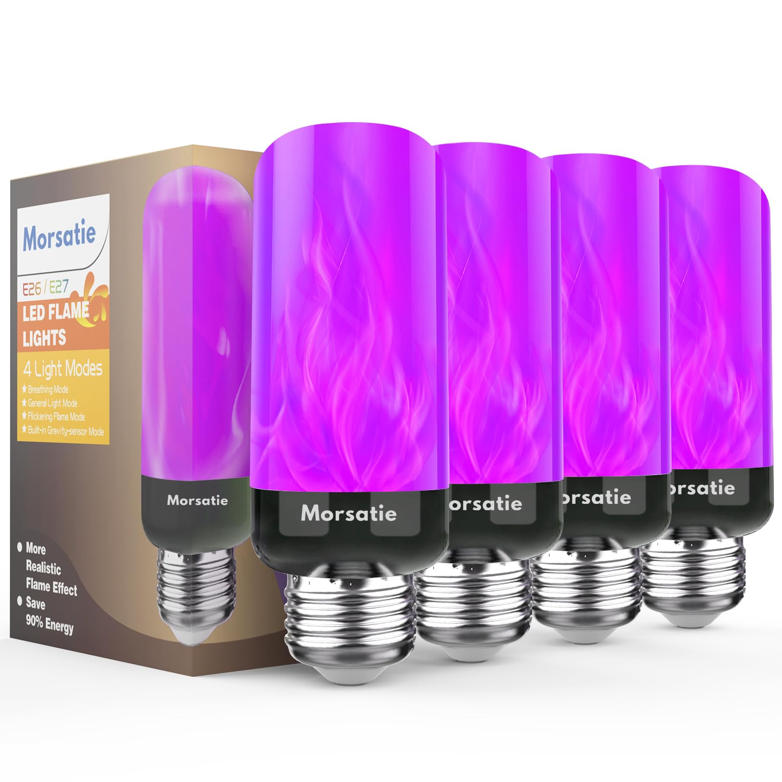 Morsatie LED Flame Light Bulbs, 4-Mode Flickering Effect, E26, 4 Pack, Purple, Model MSFLSB4-PURPLE-B4