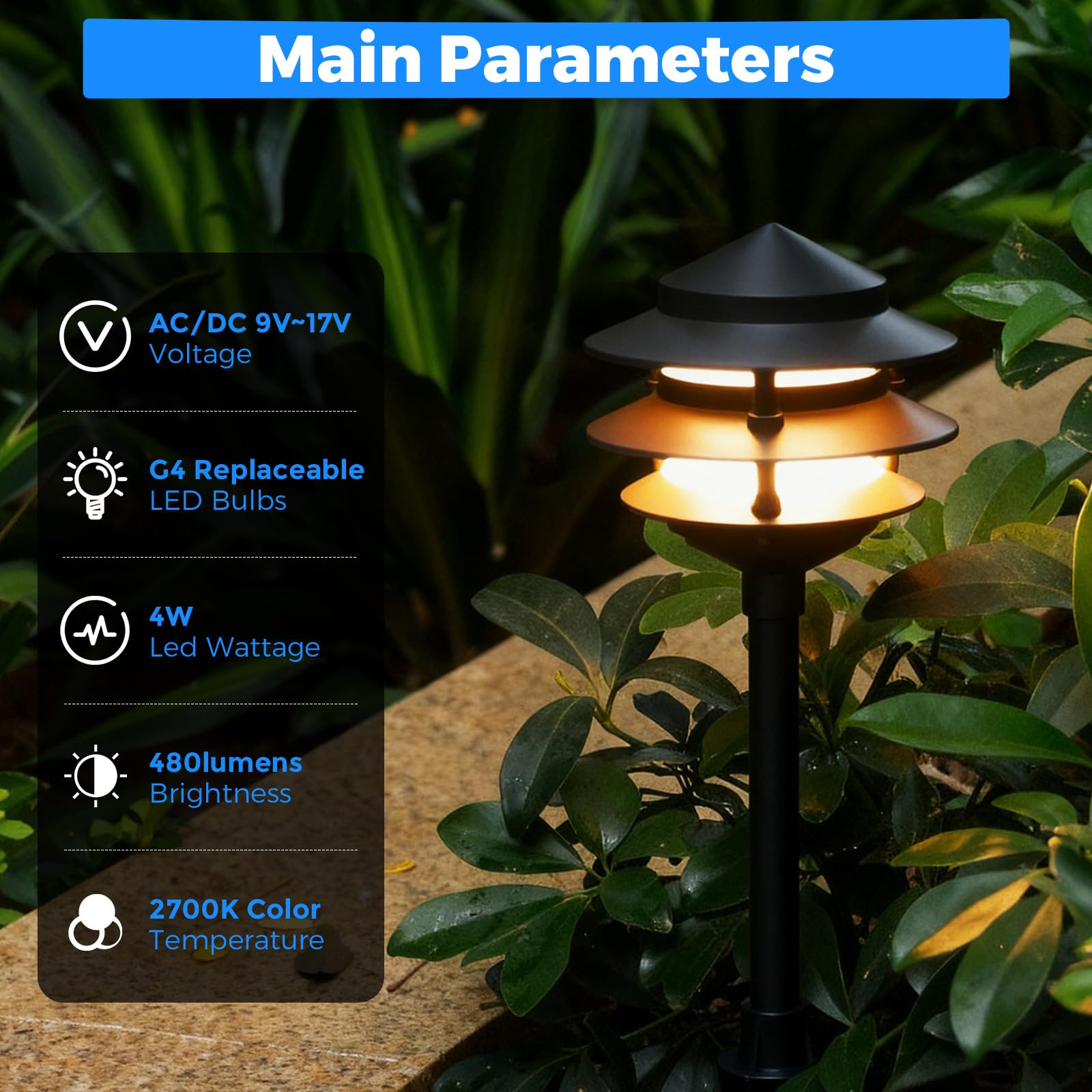 Gardencoin Low Voltage Landscape Pathway Lights, 12V LED, Aluminum, 3-Tier Lantern, Black, 6 Pack, Model APC-9307-B
