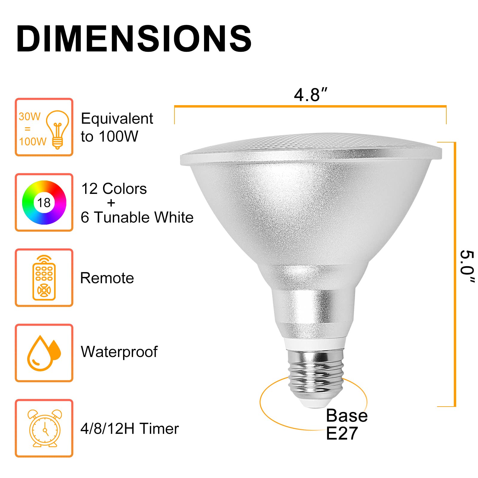 Uooiumoy 30W Led Par38 Flood Light Bulb, Rgbw Color Changing, Waterproof, Remote Control, 2 Pack