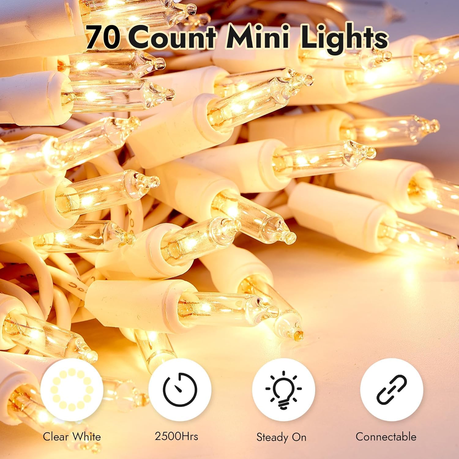 Dirnun Christmas Lights Clear White 70 Count Incandescent Light Ul Certified Connectable Christmas Tree Lights With White Wires For Indoor Outdoor Xmas  Wedding  Holiday  Party  Home Decorations