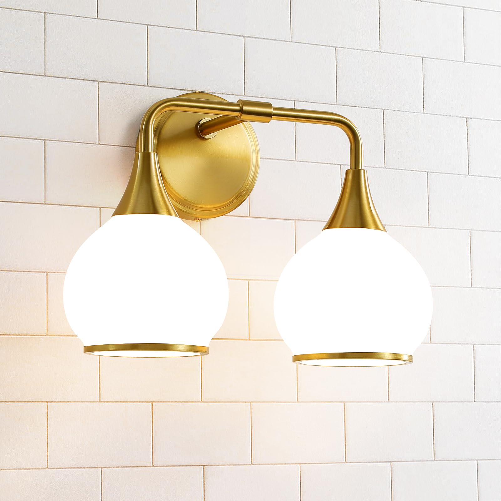 Hahzt Brushed Gold Bathroom Light Fixture, 2-Light Vanity Sconce, Milky White Frosted Glass Shade, Model 8033Ml
