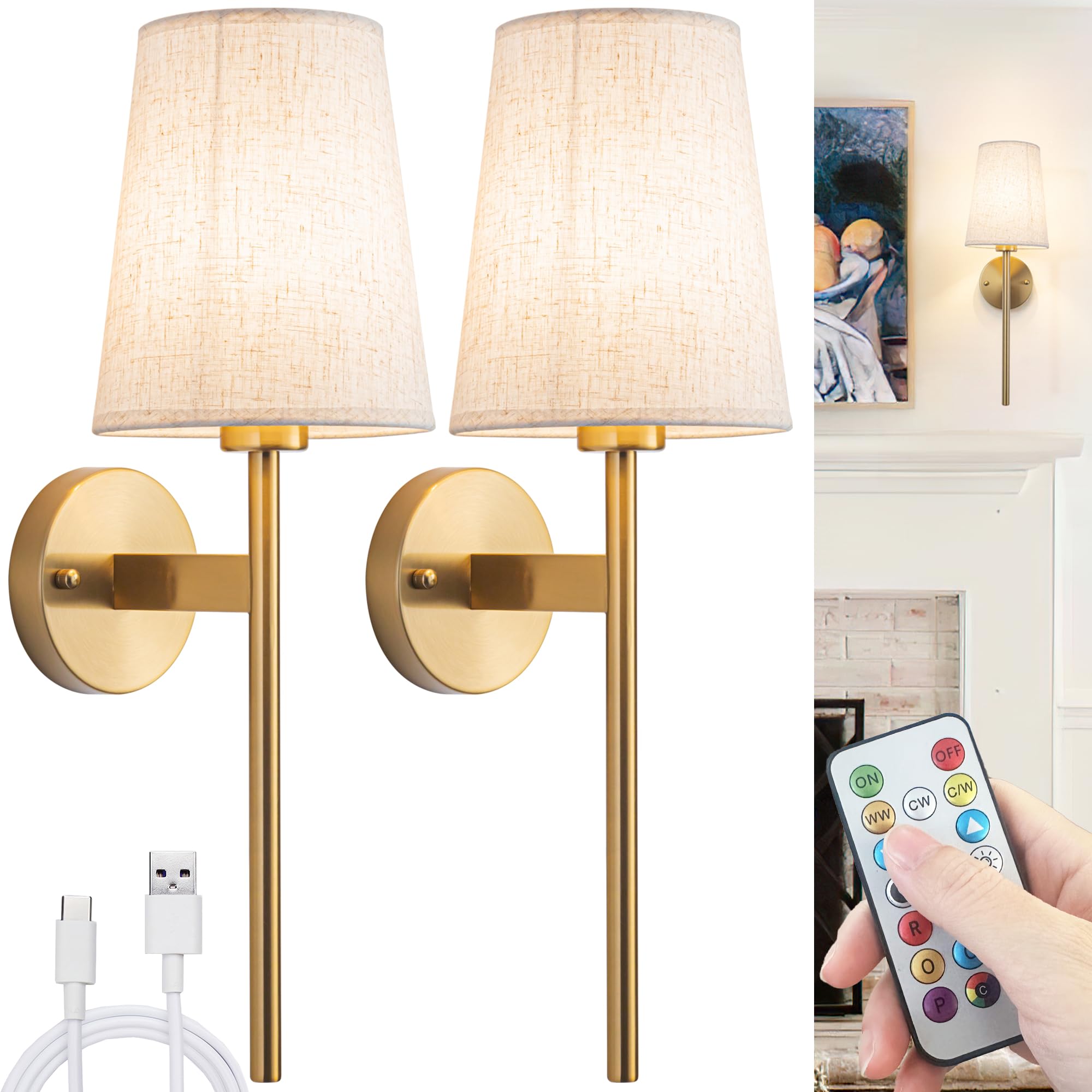 Nekhung Battery Operated Wall Sconces Set Of 2, Wireless Wall Sconce With Remote, Battery Operated Wall Lights Fabric Shade, 50 Hours Long Life Rechargeable Blub Rgb Dimmable,Perfect Indoor Lighting