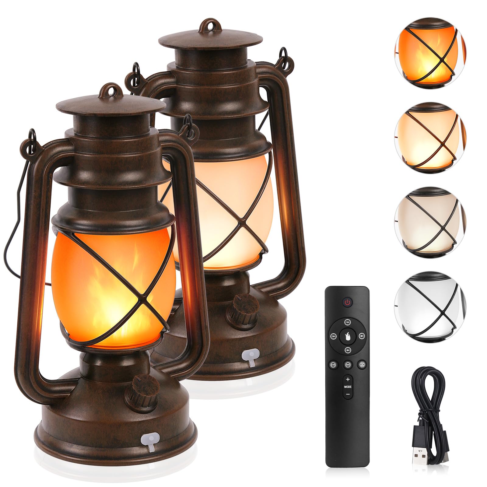 2 Pack Vintage Lantern Flickering Flame Rechargeable LED Retro Camping Lights 4 Modes Remote Control Battery Powered Outdoor Lam