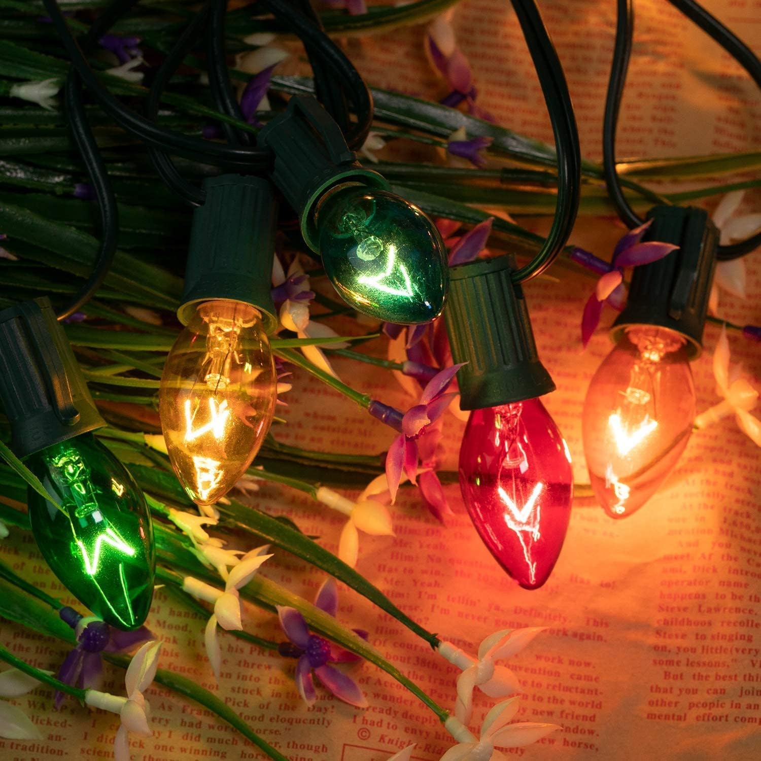 Minetom C7 Multicolor Christmas String Lights - 100ft Outdoor Vintage Lights with 100+4 Spare Bulbs, Green Wire