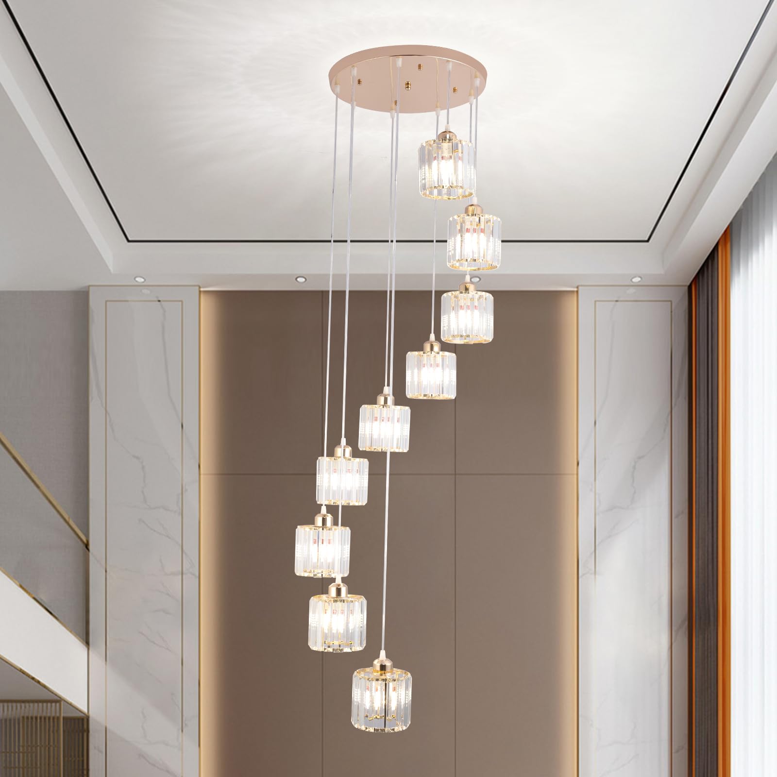 Cainjiazh High Ceilings Long Chandeliers Modern Crystal Pendant Light Raindrop Drop Lamp Hanging Chandeliers Flush Mount Lighting Fixtures For Staircase Foyer Entryway Gold 9 Lights