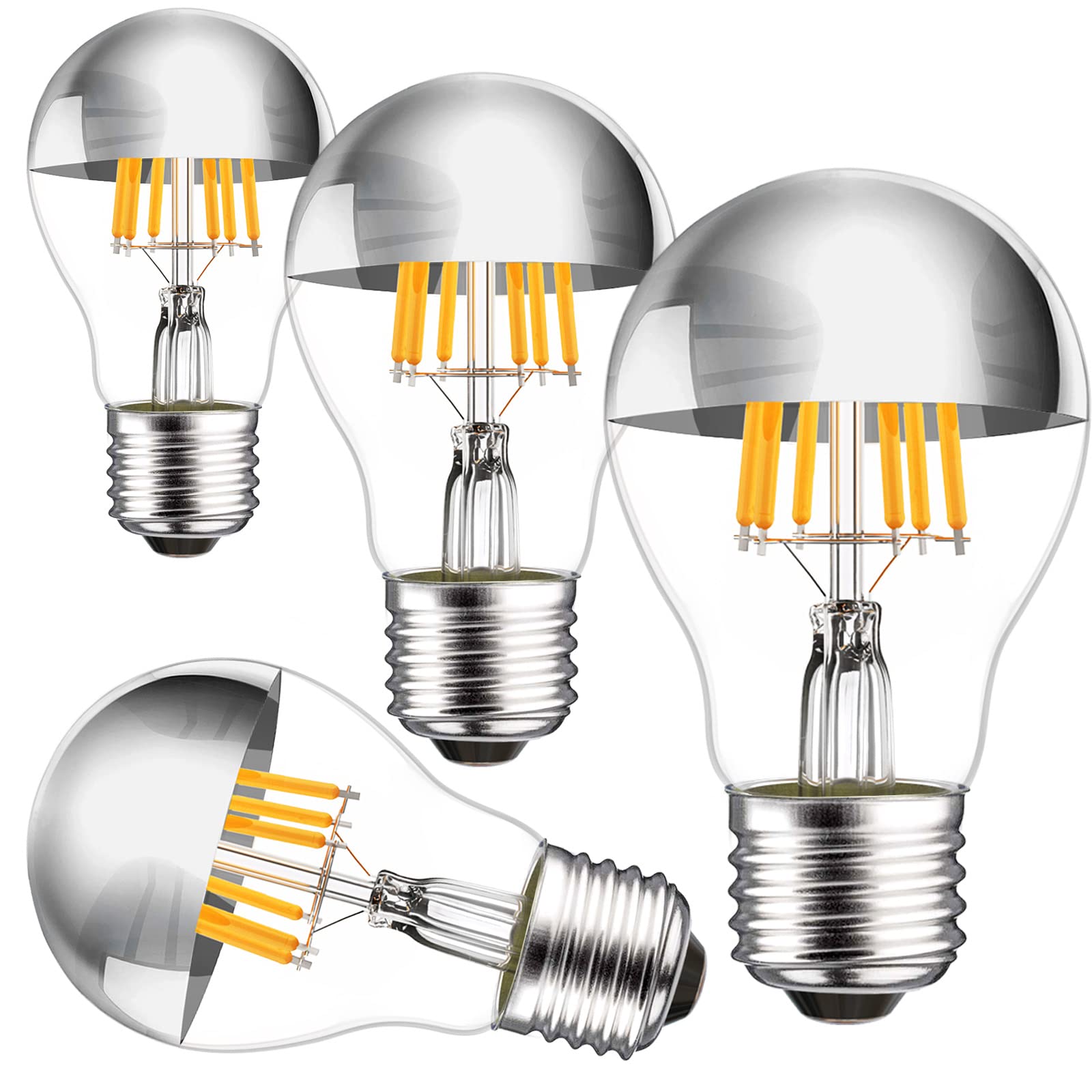 Half Chrome Light Bulb 6W (60 Watt Equivalent), Dimmable A19 A Shape 2700K Warm White Decorative Led Edison Bulb, Silver Tipped